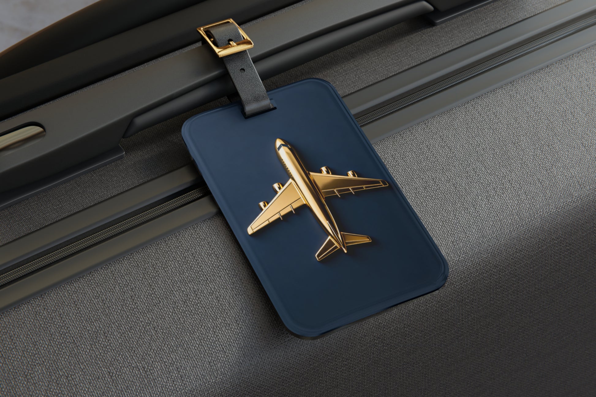 Kofferanhänger mit goldenem Flugzeugsymbol auf mitternachtsblauem Hintergrund, befestigt an einem modernen Reisekoffer. Elegantes Reiseaccessoire der Midnight Gold Collection für stilvolle Reisen.