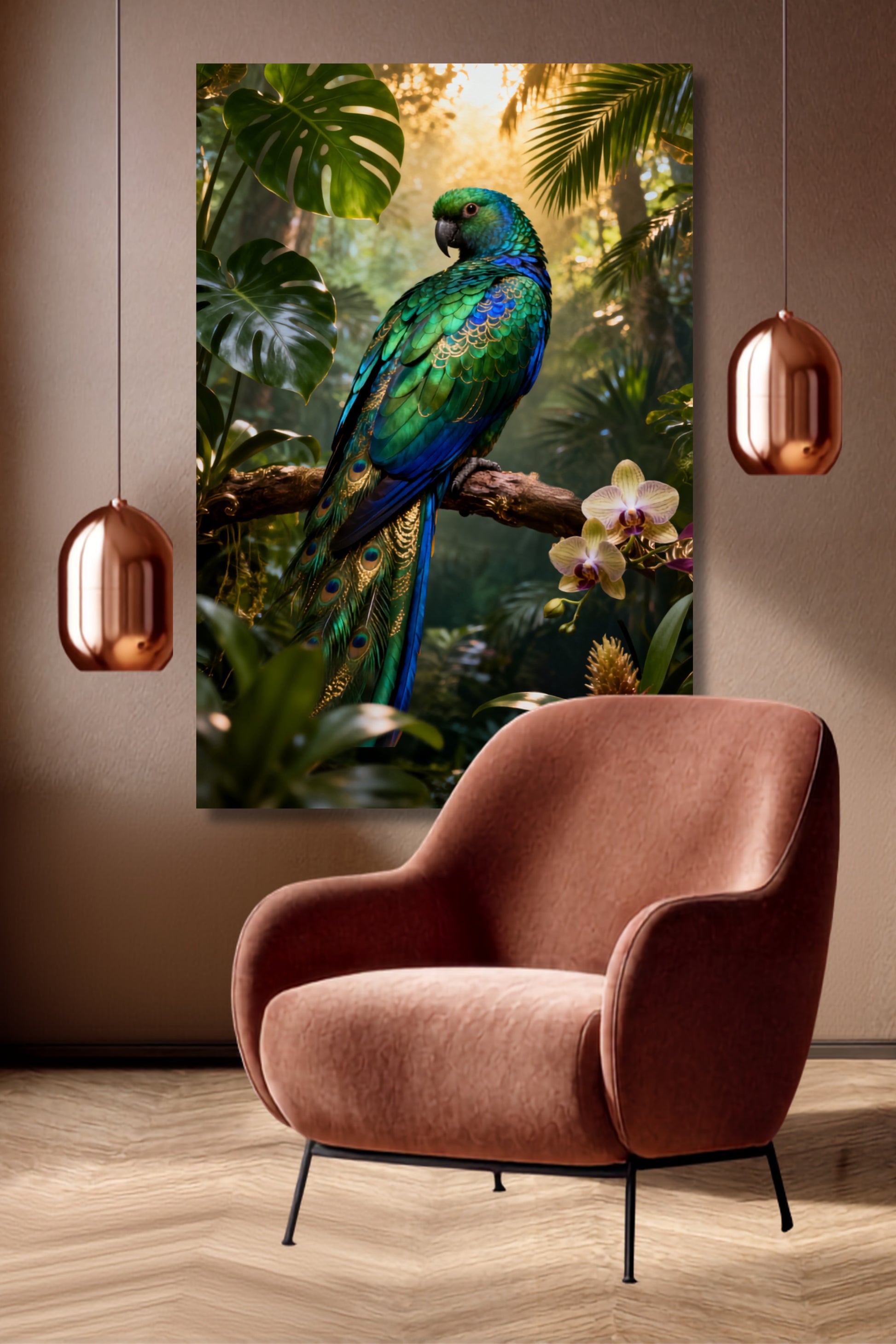 Leinwand Paradiesvogel mit schillerndem blau-grünem Gefieder auf einem Ast zwischen tropischen Blättern und Blüten, präsentiert in einem eleganten Wohnraum mit warmem Licht und kupferfarbenem Sessel.