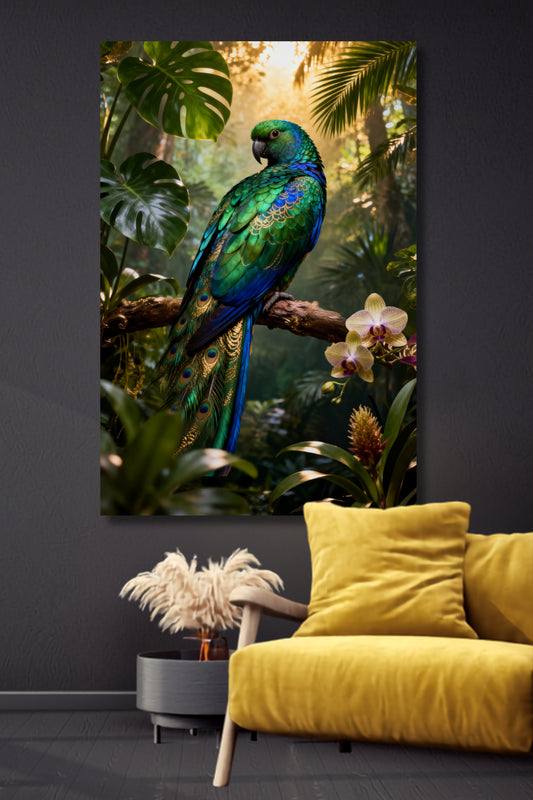 Leinwand Paradiesvogel mit schillerndem blau-grünem Gefieder auf einem Ast zwischen tropischen Blättern und Orchideen, präsentiert vor einer dunklen Wand über einem senfgelben Sessel.