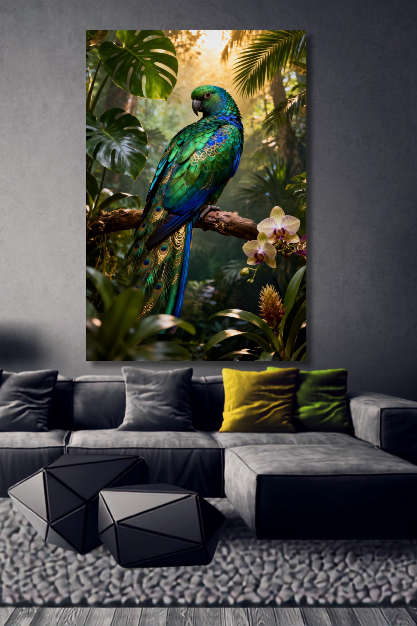 Leinwand Paradiesvogel mit schillerndem blau-grünem Gefieder auf einem Ast im tropischen Regenwald, präsentiert über einem modernen Sofa in stilvoller Wohnraumgestaltung.