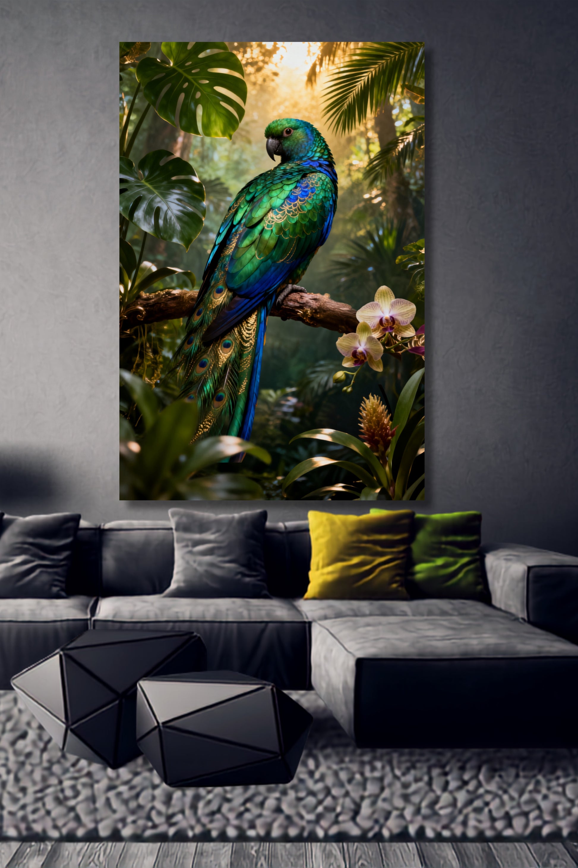 Leinwand Paradiesvogel mit schillerndem blau-grünem Gefieder auf einem Ast im tropischen Regenwald, präsentiert über einem modernen Sofa in stilvoller Wohnraumgestaltung.
