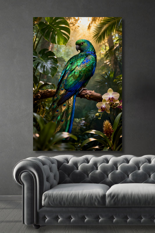 Leinwand Paradiesvogel mit schillerndem blau-grünem Gefieder auf einem Ast im tropischen Regenwald, präsentiert über einem grauen Chesterfield-Sofa in eleganter Wohnraumgestaltung.