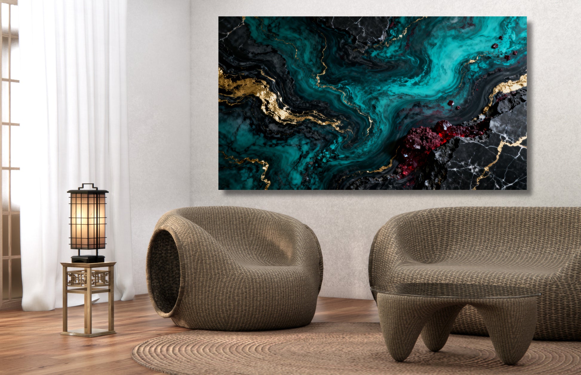 Leinwand mit abstrakter Marmorstruktur in Petrol, Schwarz, Gold und tiefem Rot als elegante Wandkunst in einem stilvoll eingerichteten Wohnbereich mit natürlicher und harmonischer Atmosphäre.