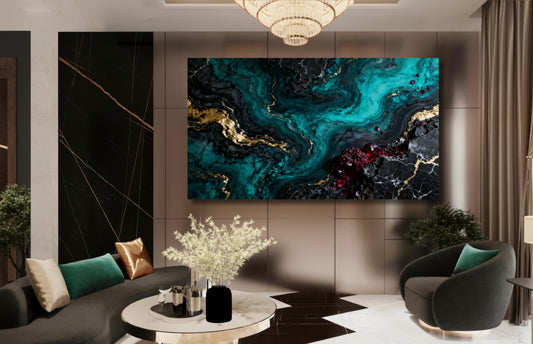 Leinwand mit abstrakter Marmorstruktur in Petrol, Schwarz, Gold und tiefem Rot als ausdrucksstarke Wandkunst in einem eleganten Wohnraum mit luxuriösem Ambiente