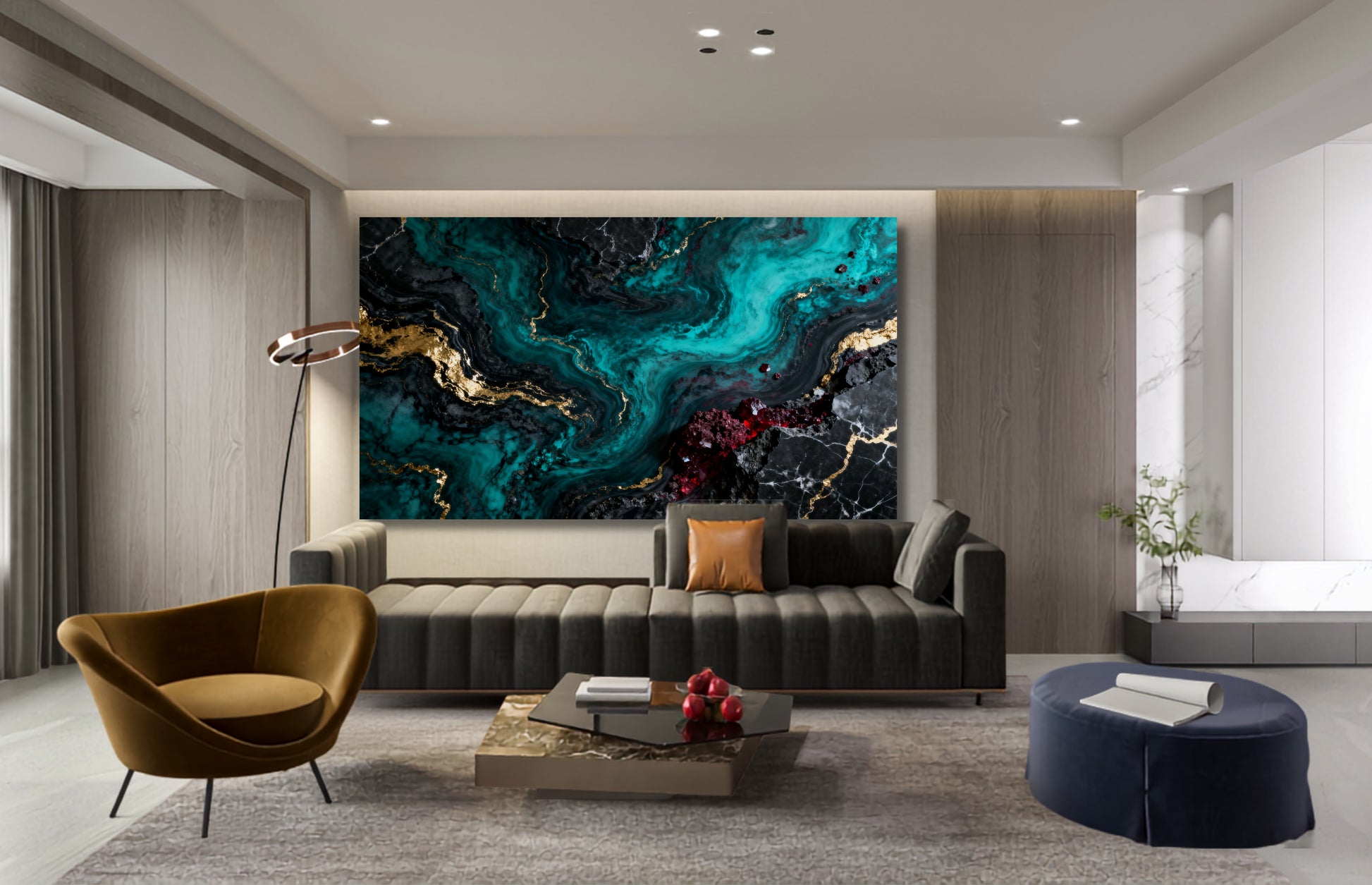 Leinwand mit abstrakter Marmorstruktur in Petrol, Schwarz, Gold und tiefem Rot als elegante Wandkunst in einem stilvoll eingerichteten Wohnzimmer mit hochwertigem Interieur.