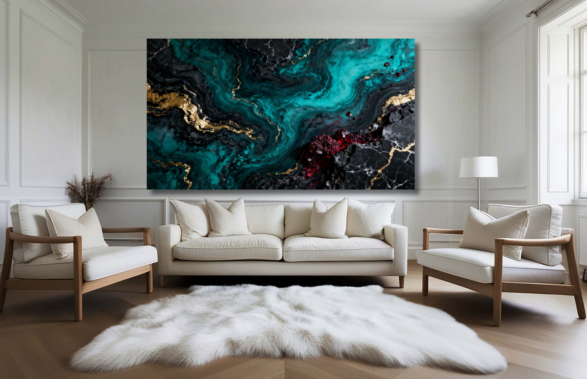 Leinwand mit abstrakter Marmorstruktur in Petrol, Schwarz, Gold und tiefem Rot als ausdrucksstarke Wandkunst über einer hellen Sitzgruppe in elegantem Wohnambiente.