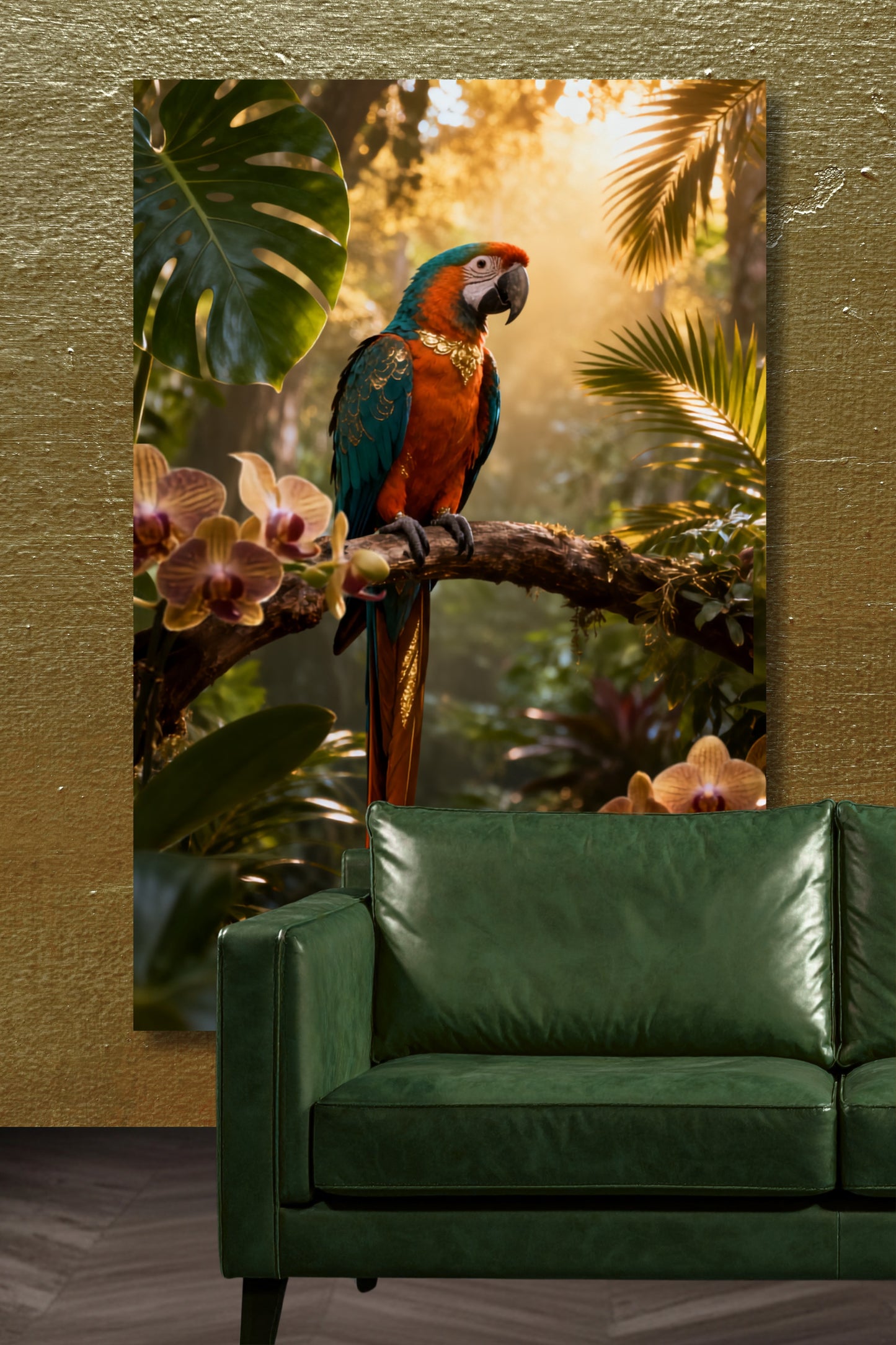 Leinwand mit farbenprächtigem Ara Papagei auf einem Ast in exotischer Tropenwelt mit warmem Sonnenlicht, tropischen Orchideen und üppiger Vegetation über einem grünen Ledersofa vor goldener Akzentwand.