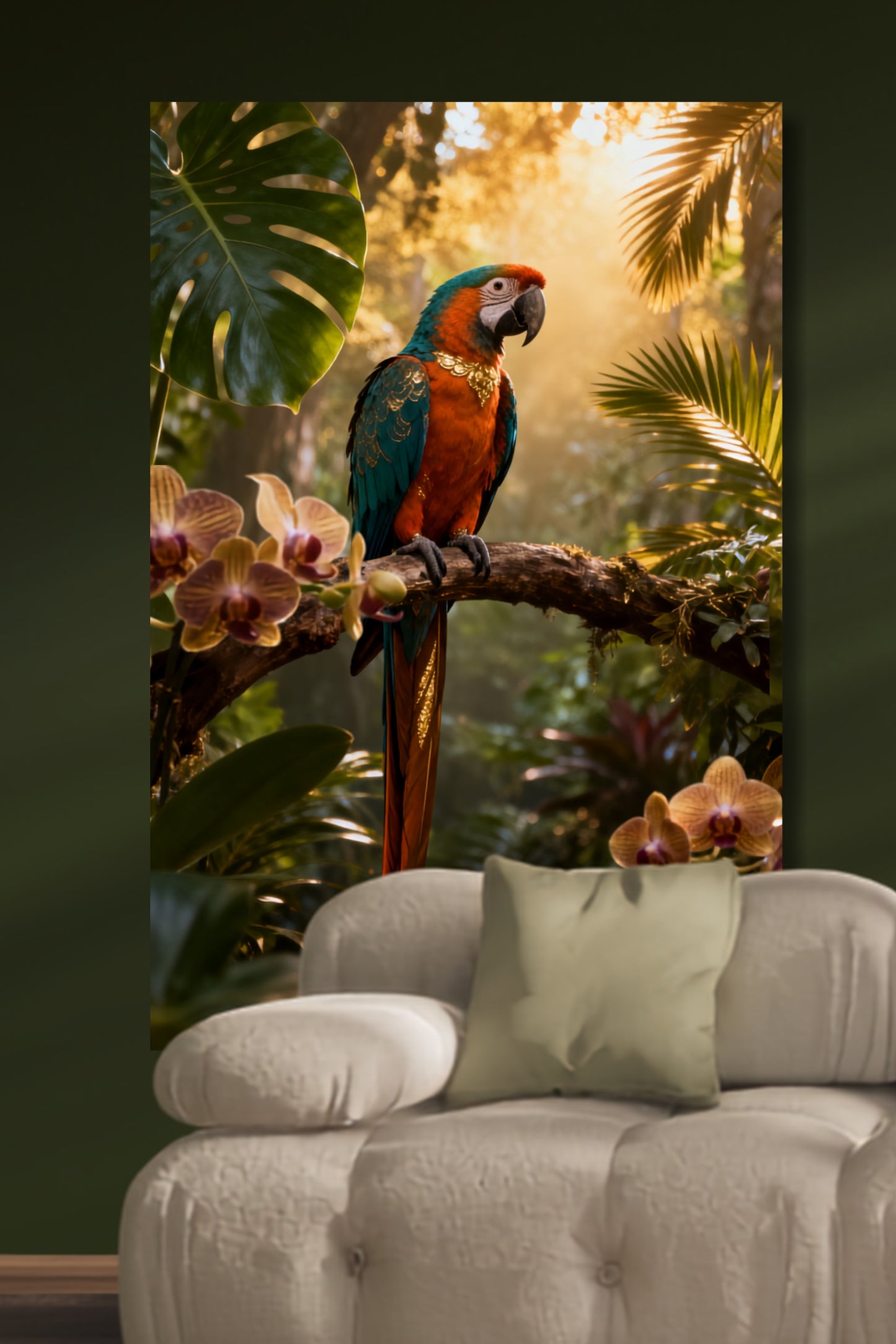 Leinwand mit farbenprächtigem Ara Papagei auf einem Ast in exotischer Tropenwelt mit warmem Sonnenlicht, tropischen Orchideen und üppiger Vegetation über einem hellen Sessel vor dunkelgrüner Wand.