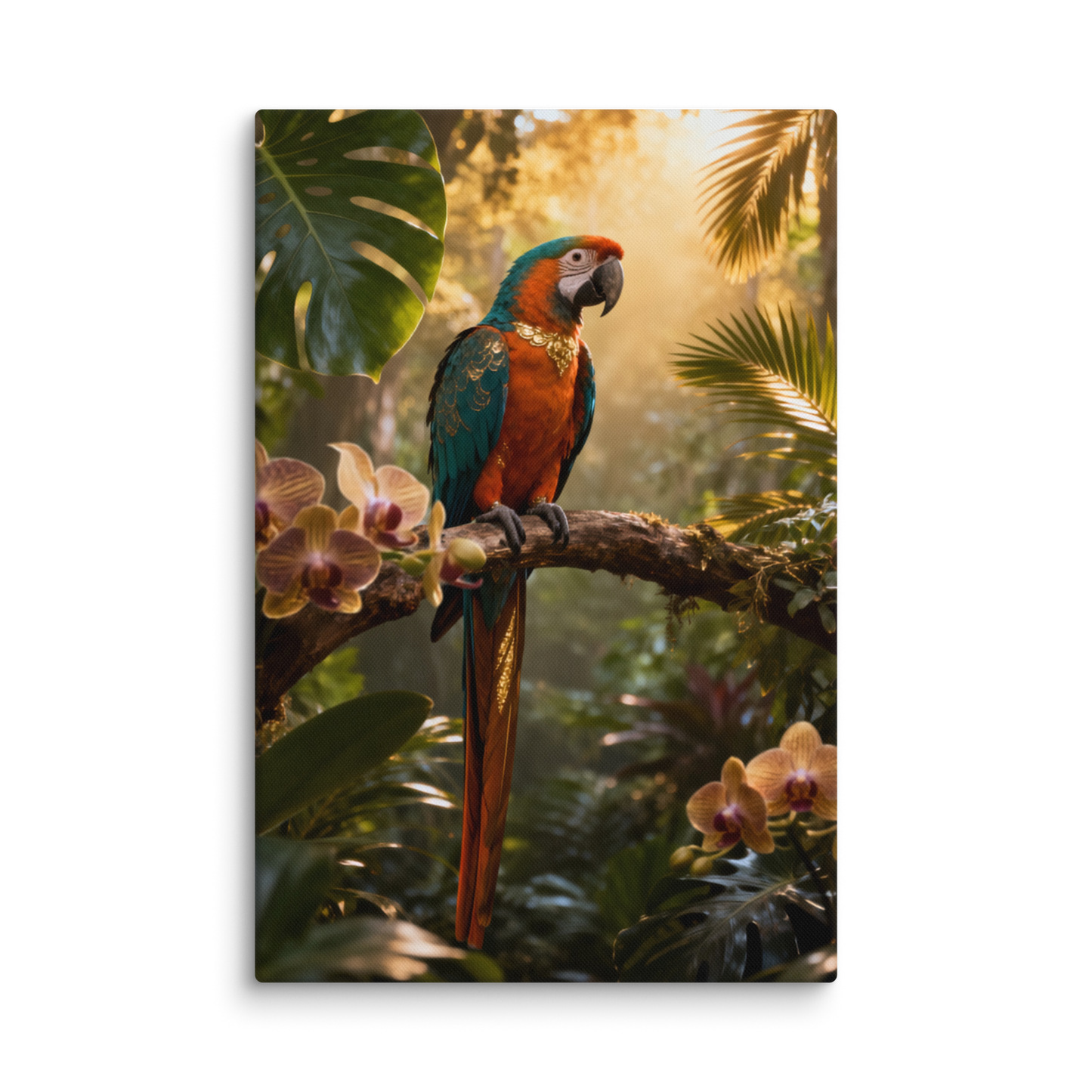 Leinwand mit farbenprächtigem Ara Papagei auf einem Ast in exotischer Tropenwelt mit warmem Sonnenlicht, tropischen Orchideen und üppiger Vegetation als transparente Produktansicht.