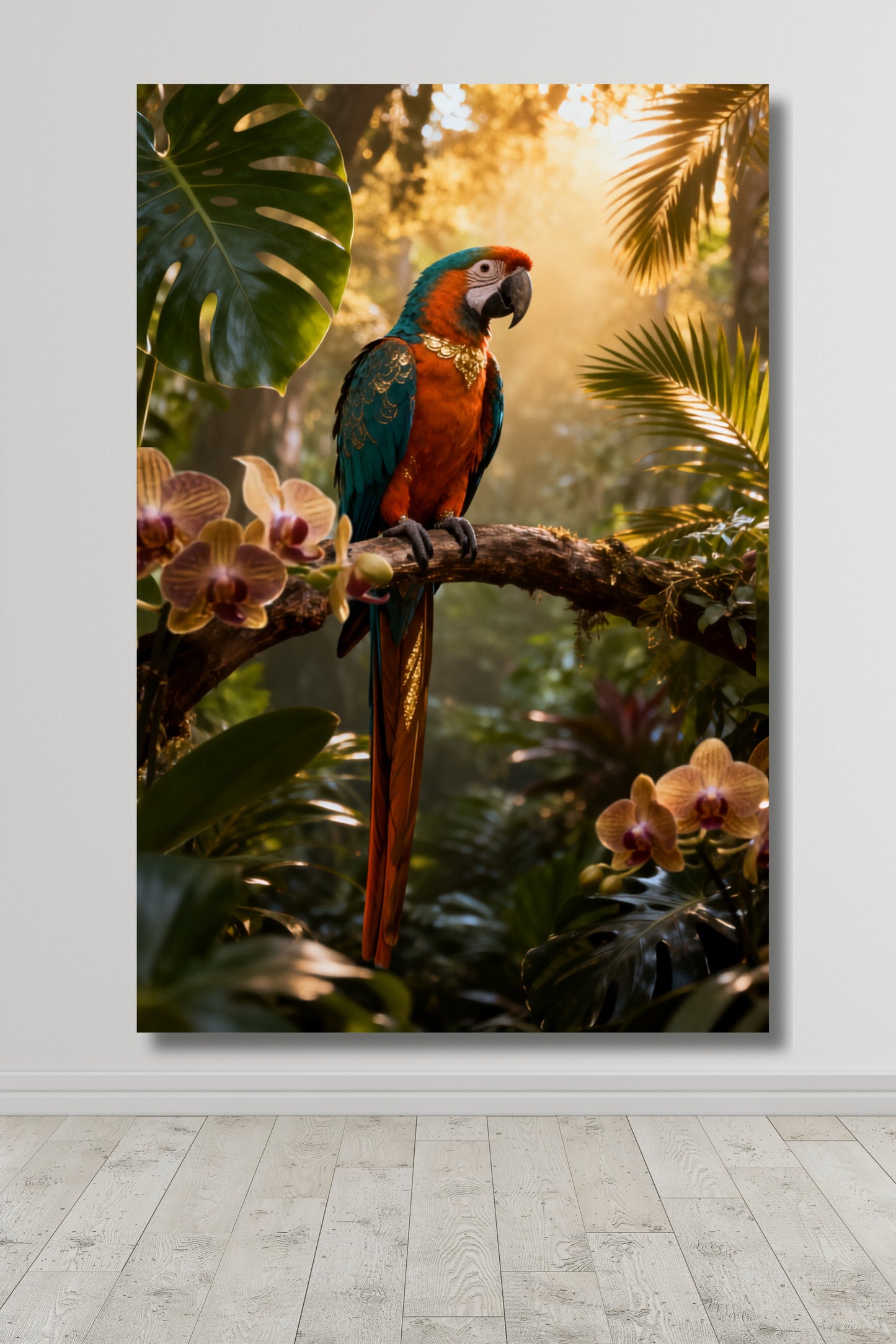 Leinwand mit farbenprächtigem Ara Papagei auf einem Ast in exotischer Tropenwelt mit warmem Sonnenlicht, tropischen Orchideen und üppiger Vegetation vor weißer Wand und hellem Holzboden.