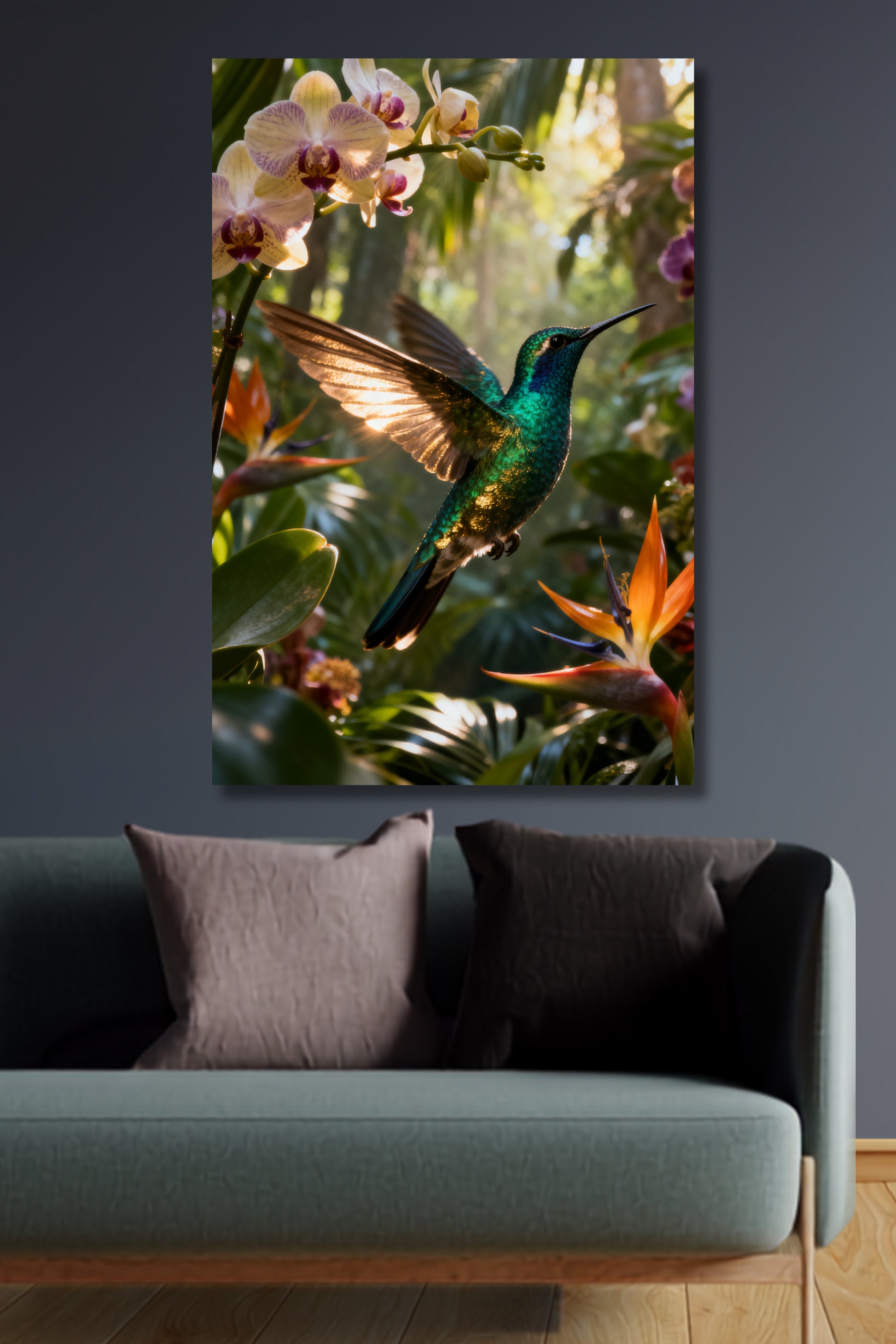 Leinwand mit schillerndem Kolibri vor tropischer Regenwaldkulisse über einem modernen Sofa. Warme Lichtstrahlen, exotische Blüten und leuchtende Grün- und Türkistöne erzeugen einen eindrucksvollen Kontrast zur dunklen Raumgestaltung.