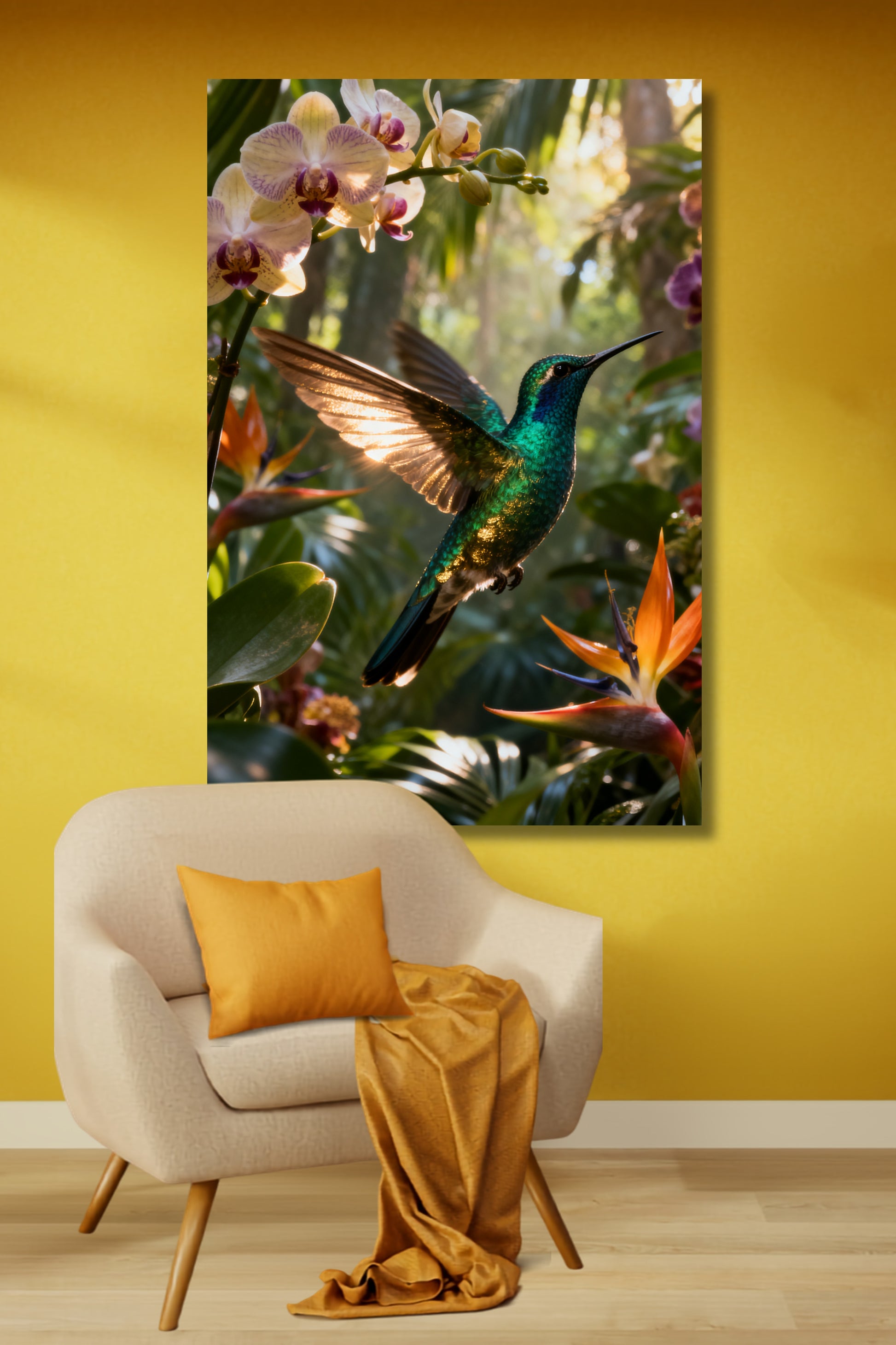 Leinwand mit schillerndem Kolibri im Flug vor tropischer Regenwaldkulisse. Exotische Blüten, warme Lichtstrahlen und leuchtende Grüntöne setzen einen farbenstarken Akzent über einem Sessel vor einer goldgelben Wand.