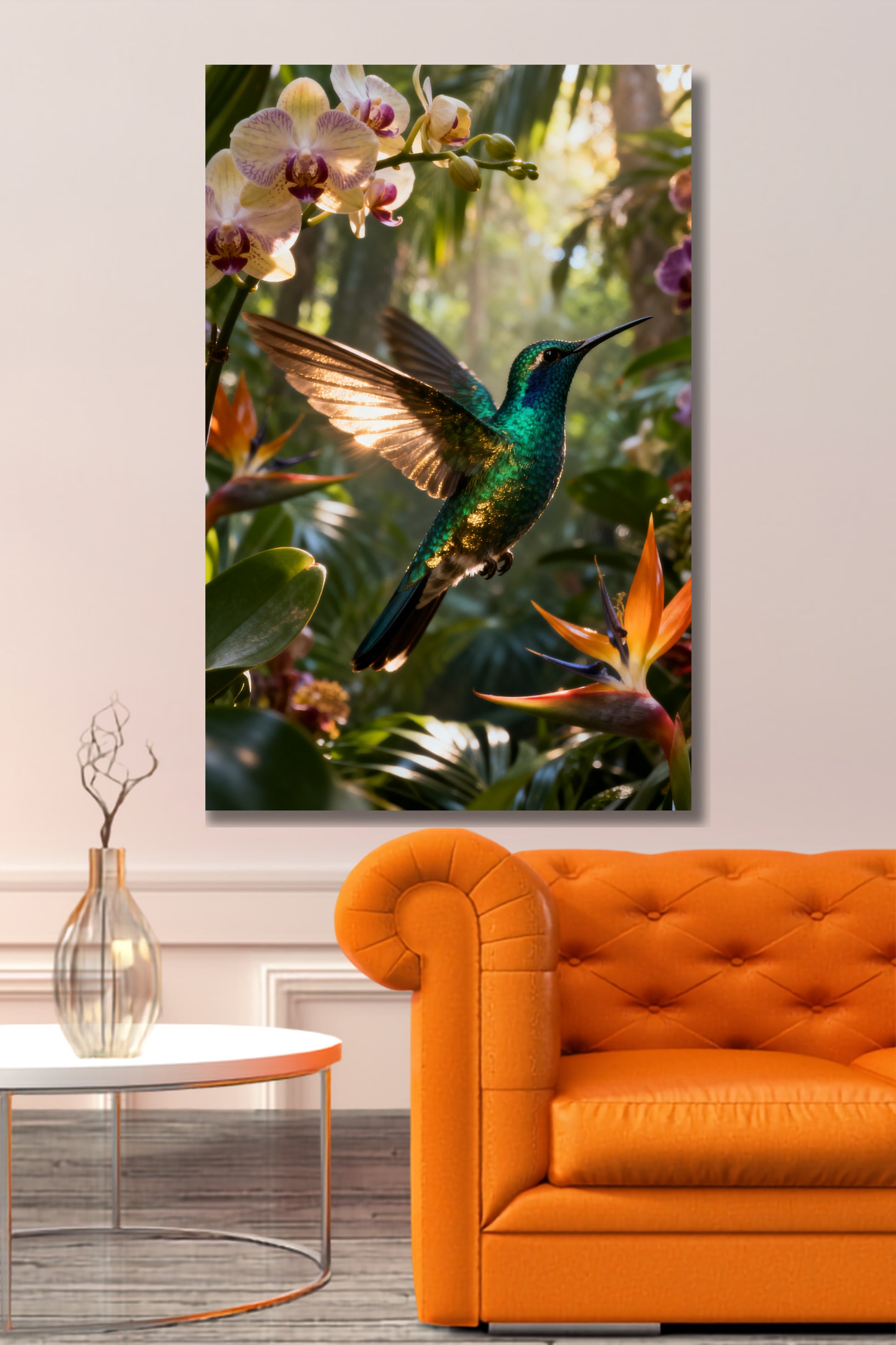 Leinwand mit schillerndem Kolibri im tropischen Regenwald über einem orangefarbenen Chesterfield-Sofa. Exotische Blüten, warme Lichtstrahlen und leuchtende Grün- und Türkistöne schaffen eine lebendige und farbintensive Raumwirkung.