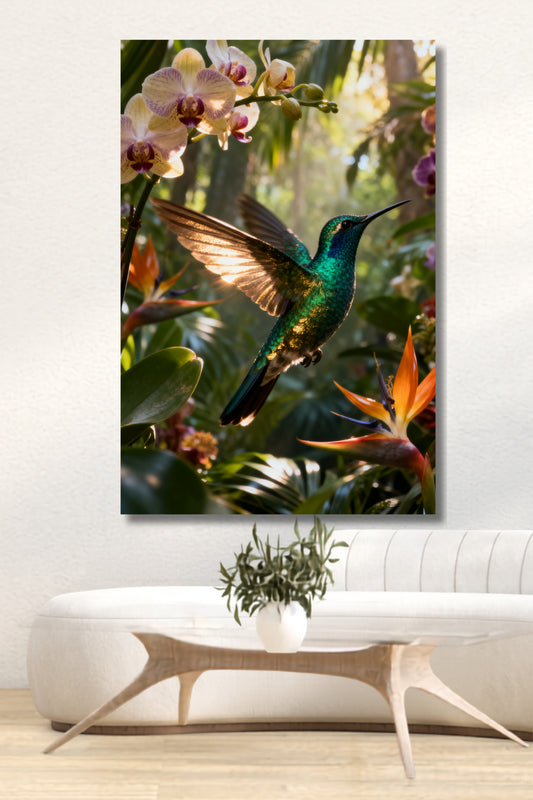 Leinwand mit schillerndem Kolibri vor tropischer Regenwaldkulisse über einer modernen Sitzbank. Exotische Blüten, warme Lichtstrahlen und leuchtende Grün- und Türkistöne verleihen dem Motiv eine elegante und lebendige Ausstrahlung.