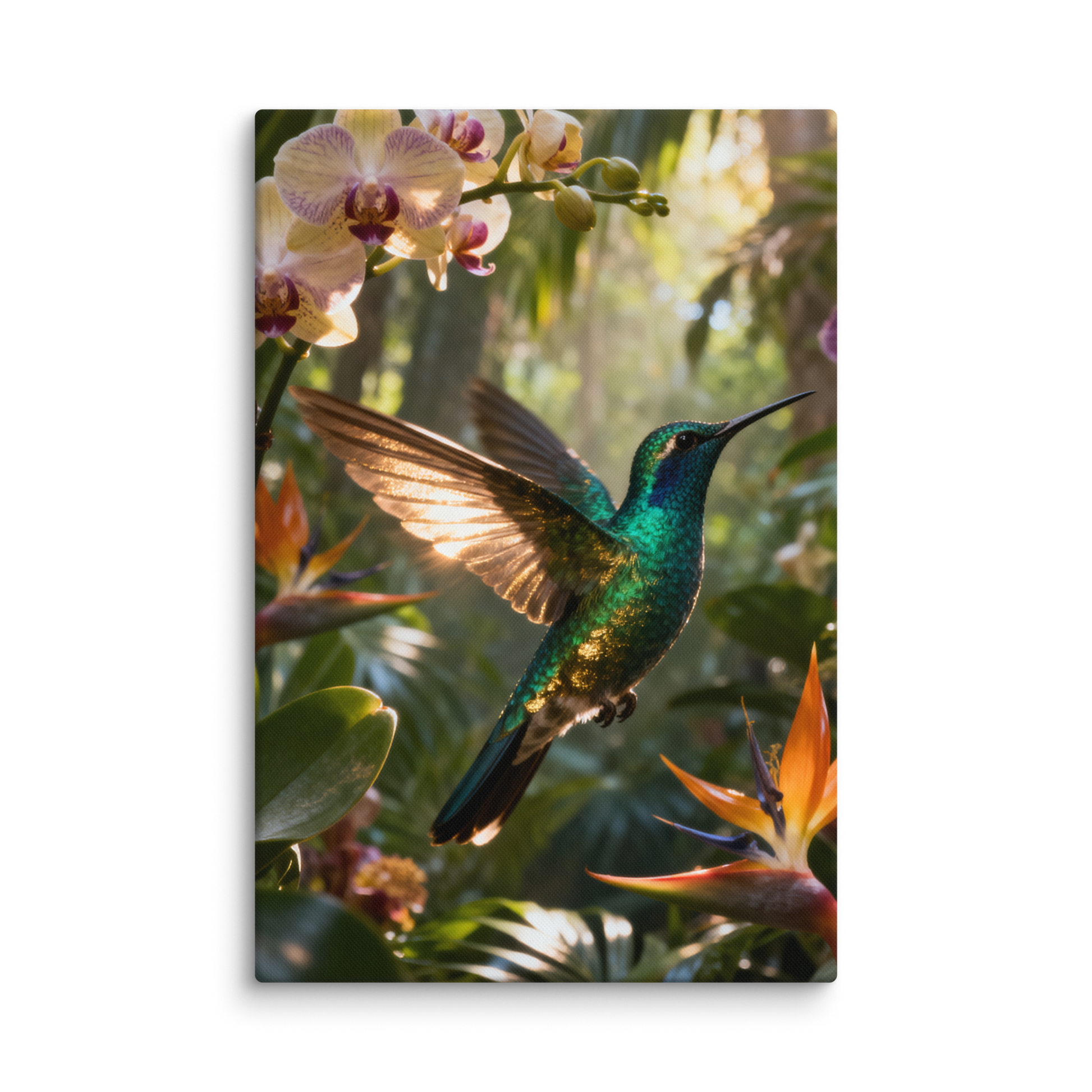Leinwand Kolibri mit schillerndem türkis-grünem Gefieder inmitten tropischer Blüten und üppiger Regenwaldvegetation. Transparente Produktansicht im Format 32×48 Zoll mit warmem Sonnenlicht und exotischer Atmosphäre.