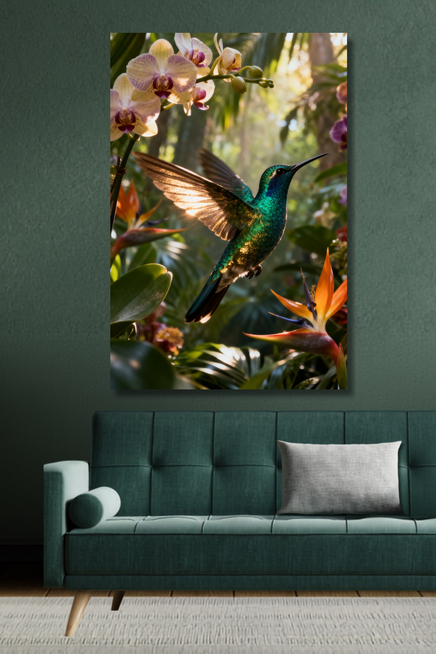 Leinwand mit schillerndem Kolibri im tropischen Regenwald über einem grünen Sofa. Exotische Blüten, tropische Pflanzen und warmes Sonnenlicht verleihen dem Motiv eine lebendige und elegante Ausstrahlung.
