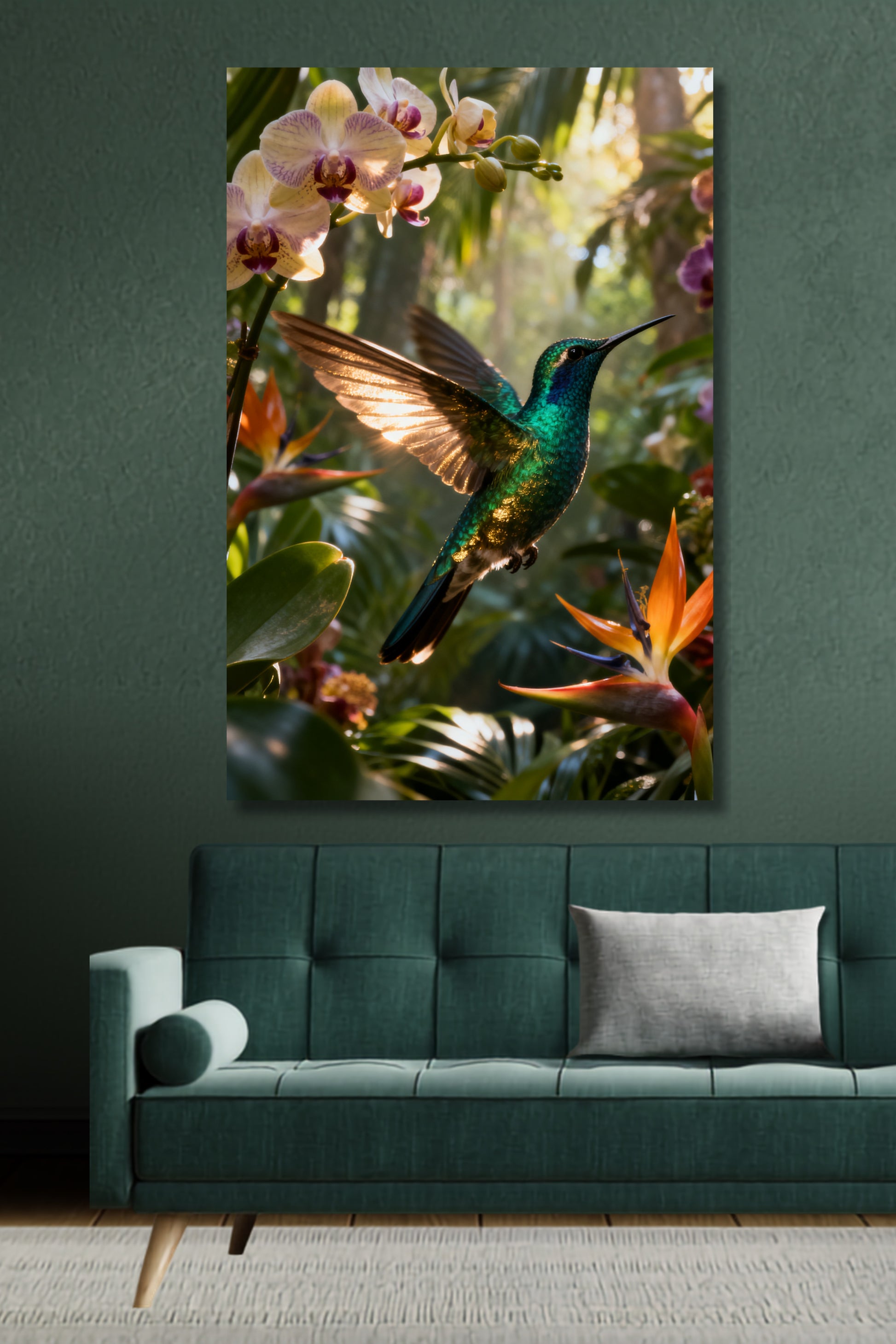 Leinwand mit schillerndem Kolibri im tropischen Regenwald über einem grünen Sofa. Exotische Blüten, tropische Pflanzen und warmes Sonnenlicht verleihen dem Motiv eine lebendige und elegante Ausstrahlung.