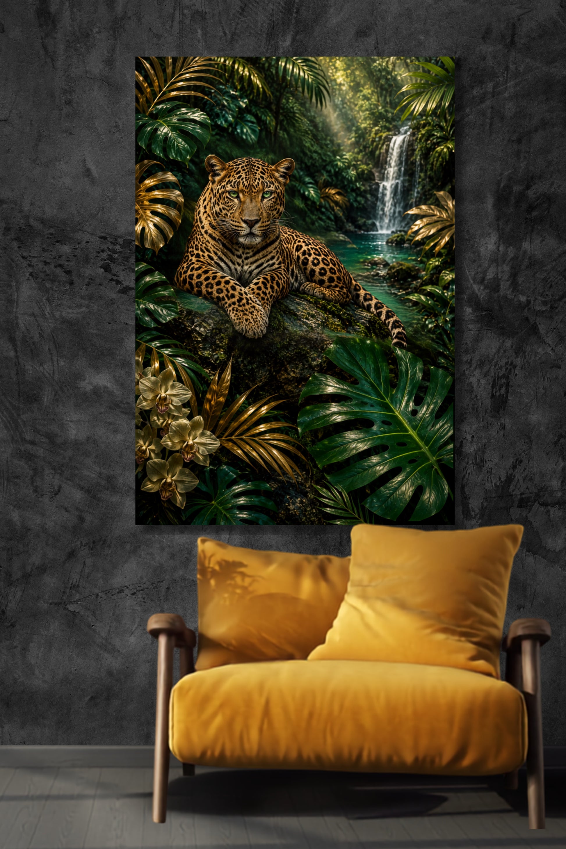 Leinwand Leopard in tropischer Regenwaldlandschaft mit Wasserfall, üppigen Blättern und goldenen Akzenten über einem senfgelben Sessel vor dunkler Wand.