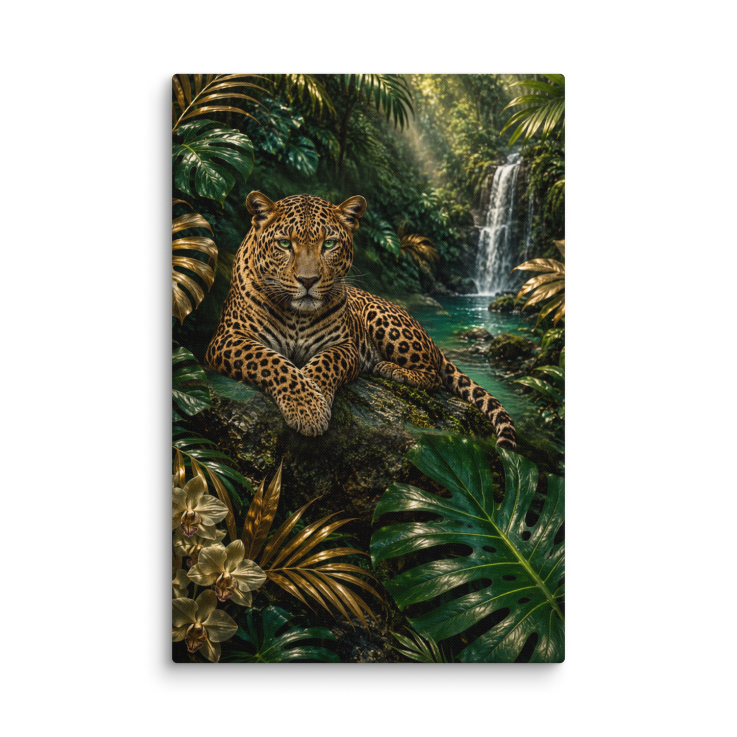 Leinwand Leopard in tropischer Regenwaldlandschaft mit Wasserfall, üppiger Vegetation, goldenen Blättern und smaragdgrünen Naturtönen als Freisteller im Format 32x48 Zoll.