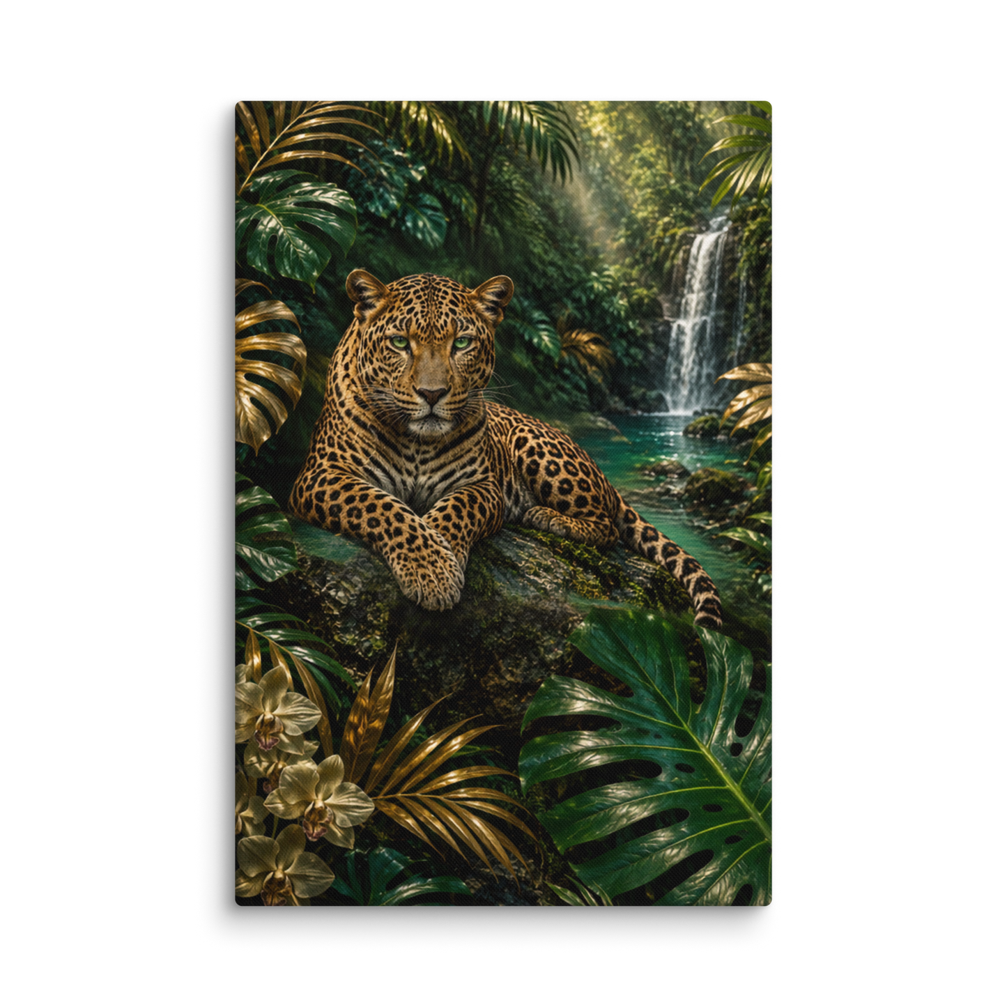 Leinwand Leopard in tropischer Regenwaldlandschaft mit Wasserfall, üppiger Vegetation, goldenen Blättern und smaragdgrünen Naturtönen als Freisteller im Format 40x60 Zoll.