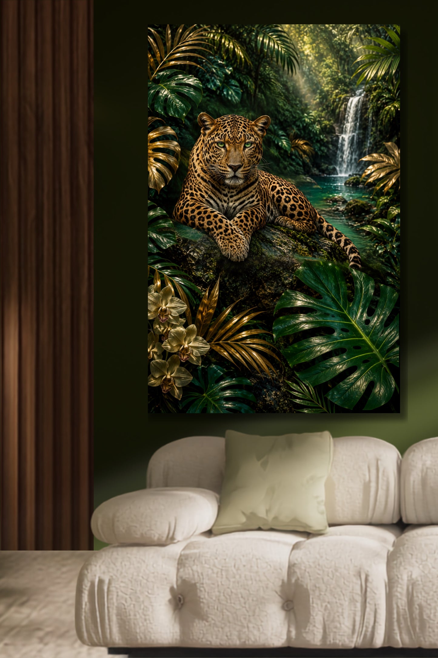 Leinwand Leopard in tropischer Regenwaldlandschaft mit Wasserfall, üppiger Vegetation und goldgrünen Blättern über einem hellen Sessel vor dunkelgrüner Wand.