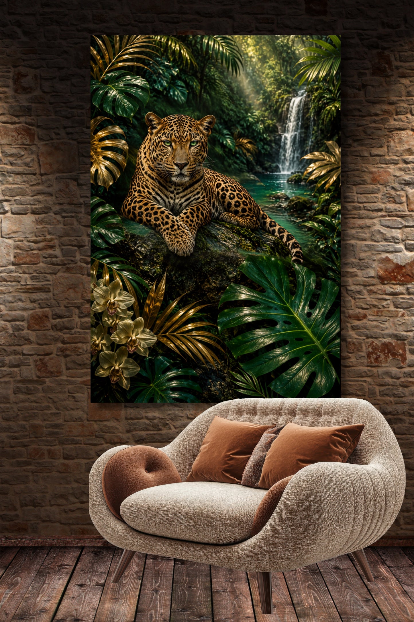 Leinwand Leopard in tropischer Regenwaldlandschaft mit Wasserfall, üppigen Blättern und goldenen Naturtönen über einem gemütlichen Sessel vor rustikaler Ziegelwand.