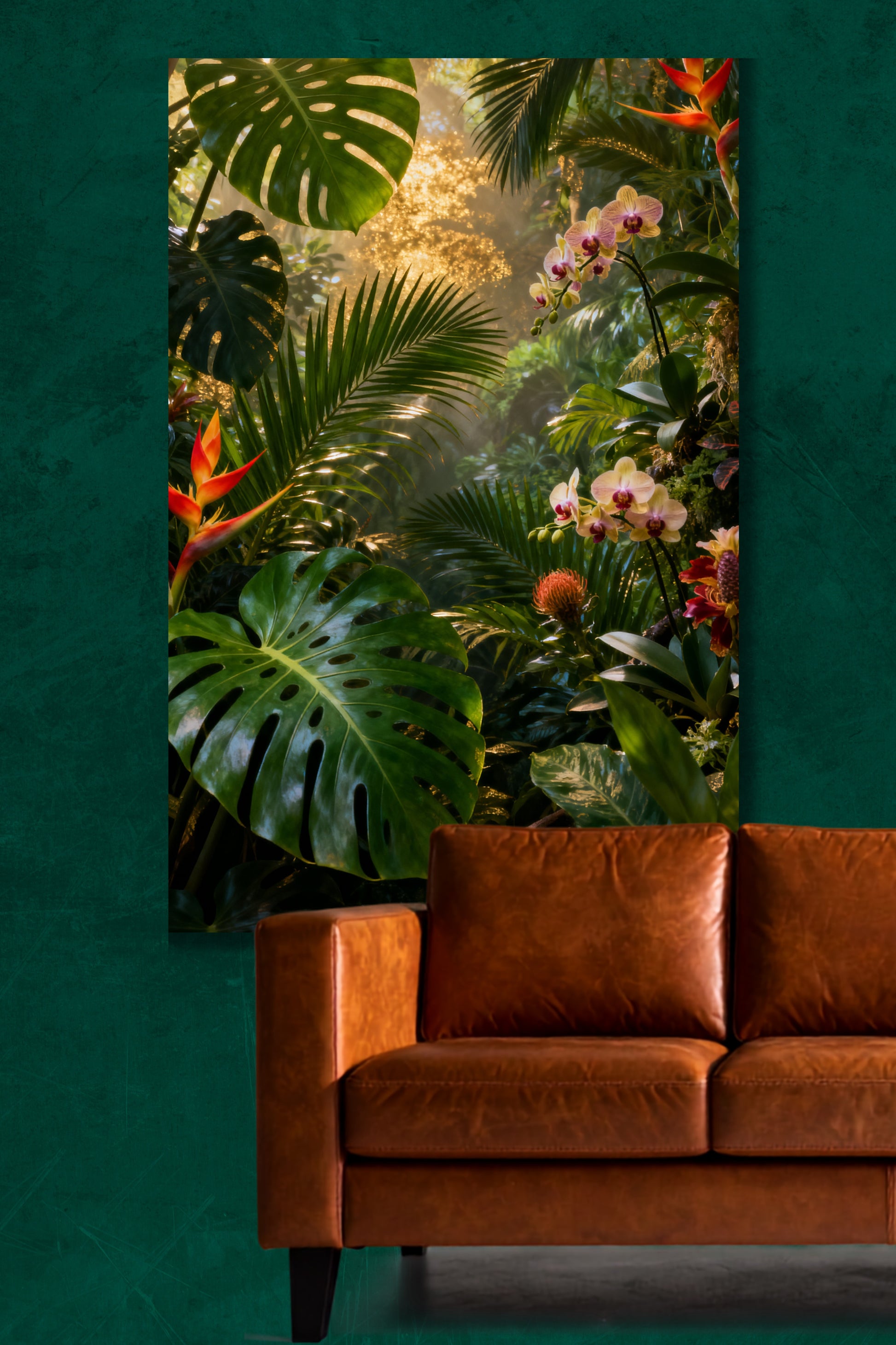 Leinwand mit tropischer Regenwaldlandschaft, exotischen Blüten und warmem Goldlicht über der Hälfte eines cognacfarbenen Ledersofas vor einer smaragdgrünen Wand.