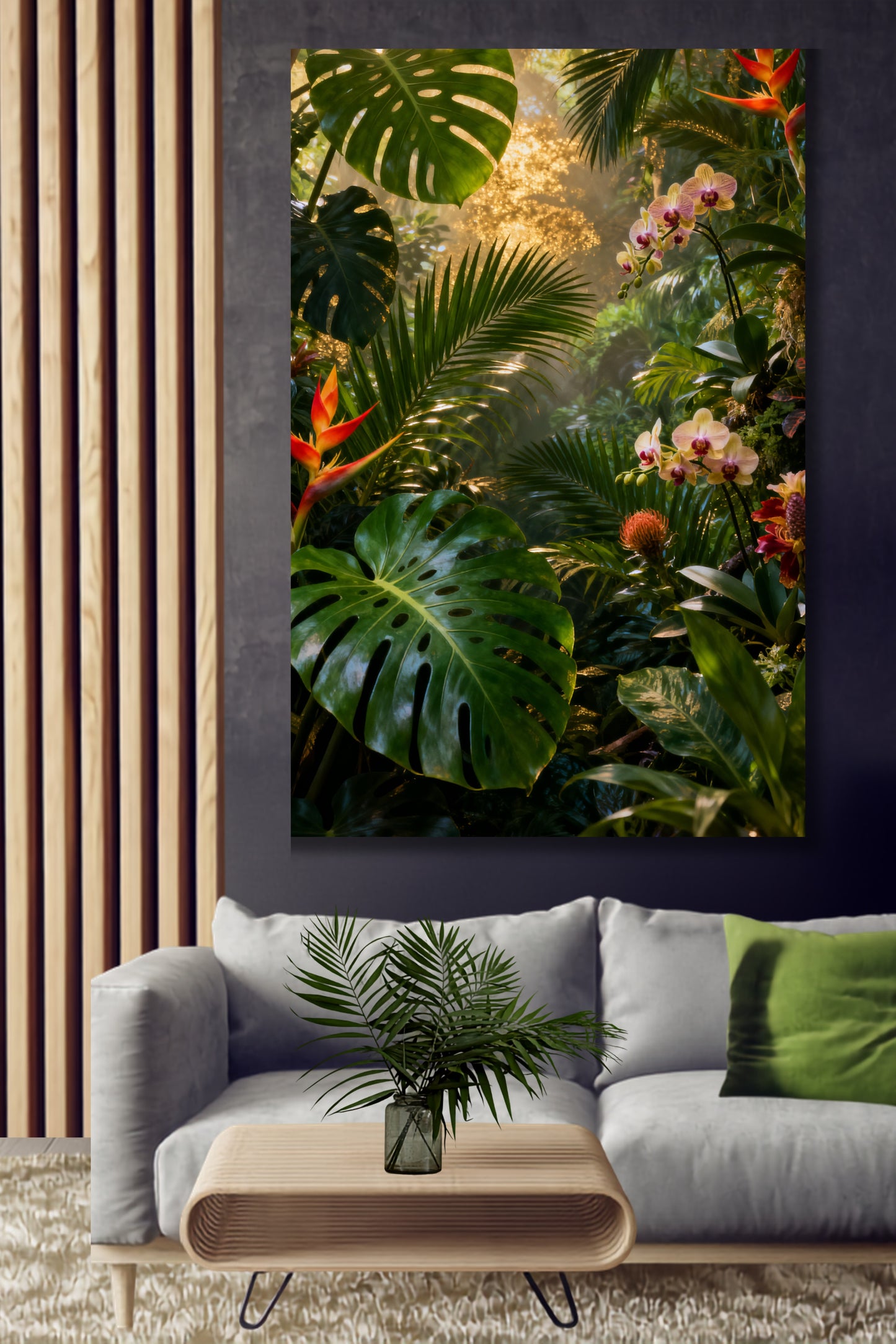 Leinwand mit tropischer Regenwaldszenerie, exotischen Blüten, üppiger Vegetation und warmem Goldlicht über einem Sofa vor dunkler Wand mit Holzlamellen.