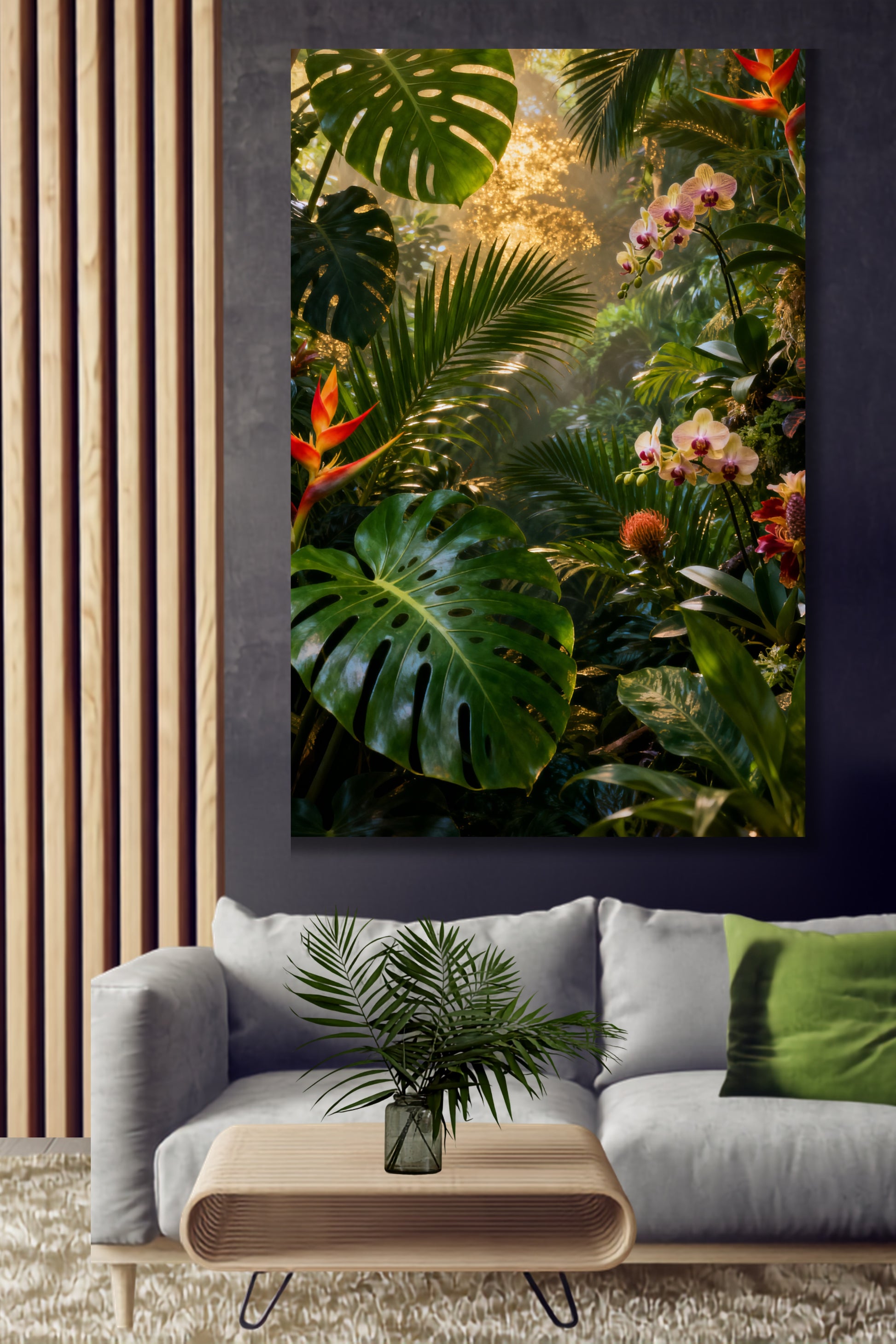 Leinwand mit tropischer Regenwaldszenerie, exotischen Blüten, üppiger Vegetation und warmem Goldlicht über einem Sofa vor dunkler Wand mit Holzlamellen.