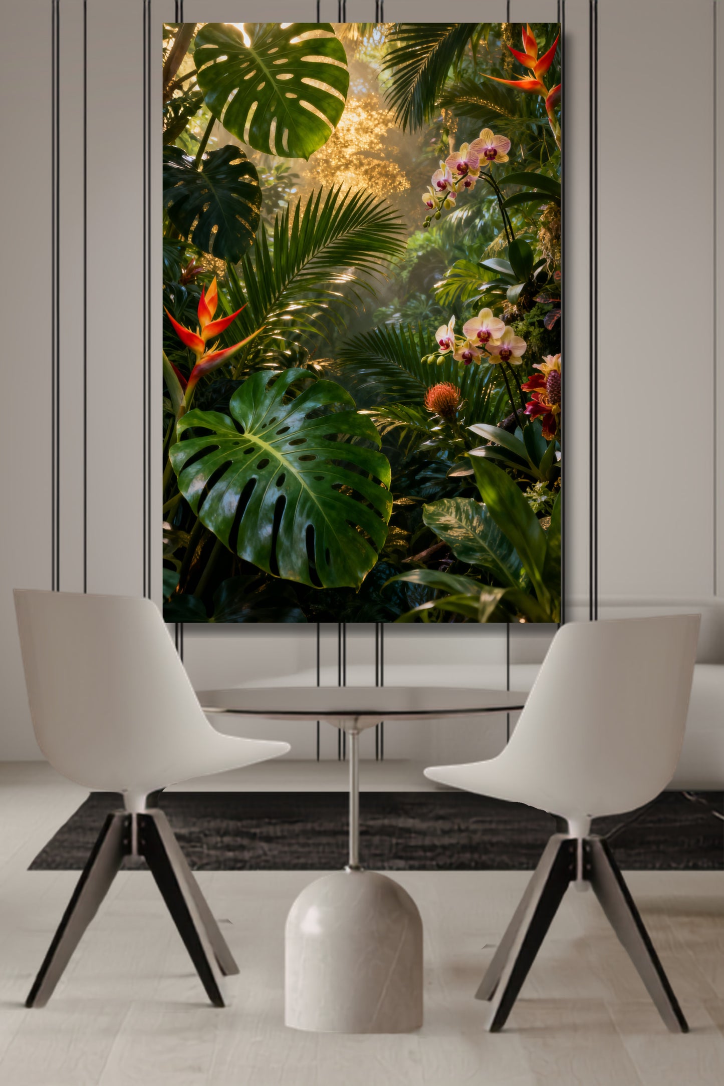 Leinwand mit tropischer Regenwaldlandschaft, exotischen Blüten, üppiger Vegetation und warmem Goldlicht in einem modernen Essbereich mit hellen Möbeln