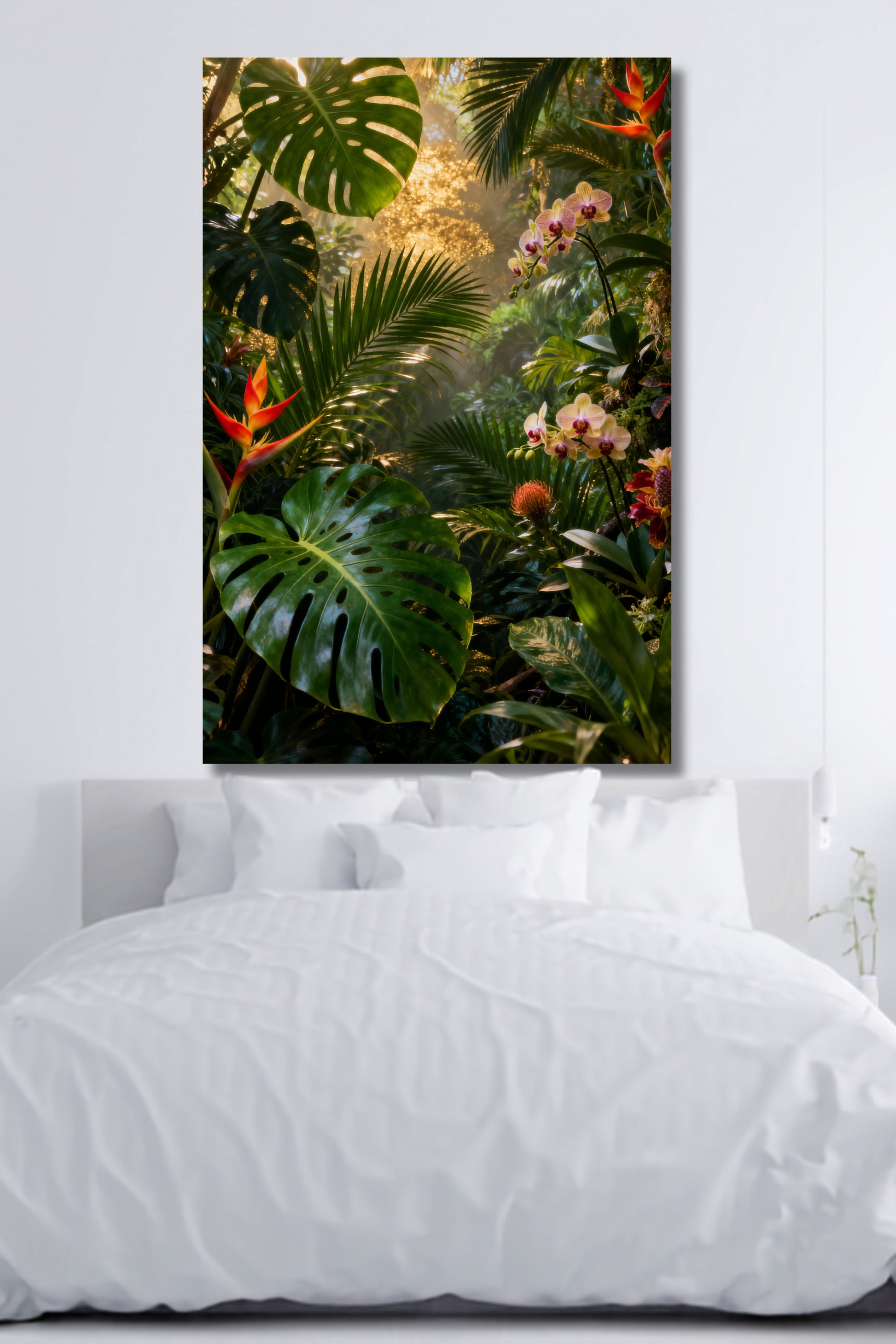 Leinwand mit tropischer Regenwaldlandschaft, exotischen Blüten, üppiger Vegetation und warmem Goldlicht über einem modernen Bett in hellem Schlafzimmer.