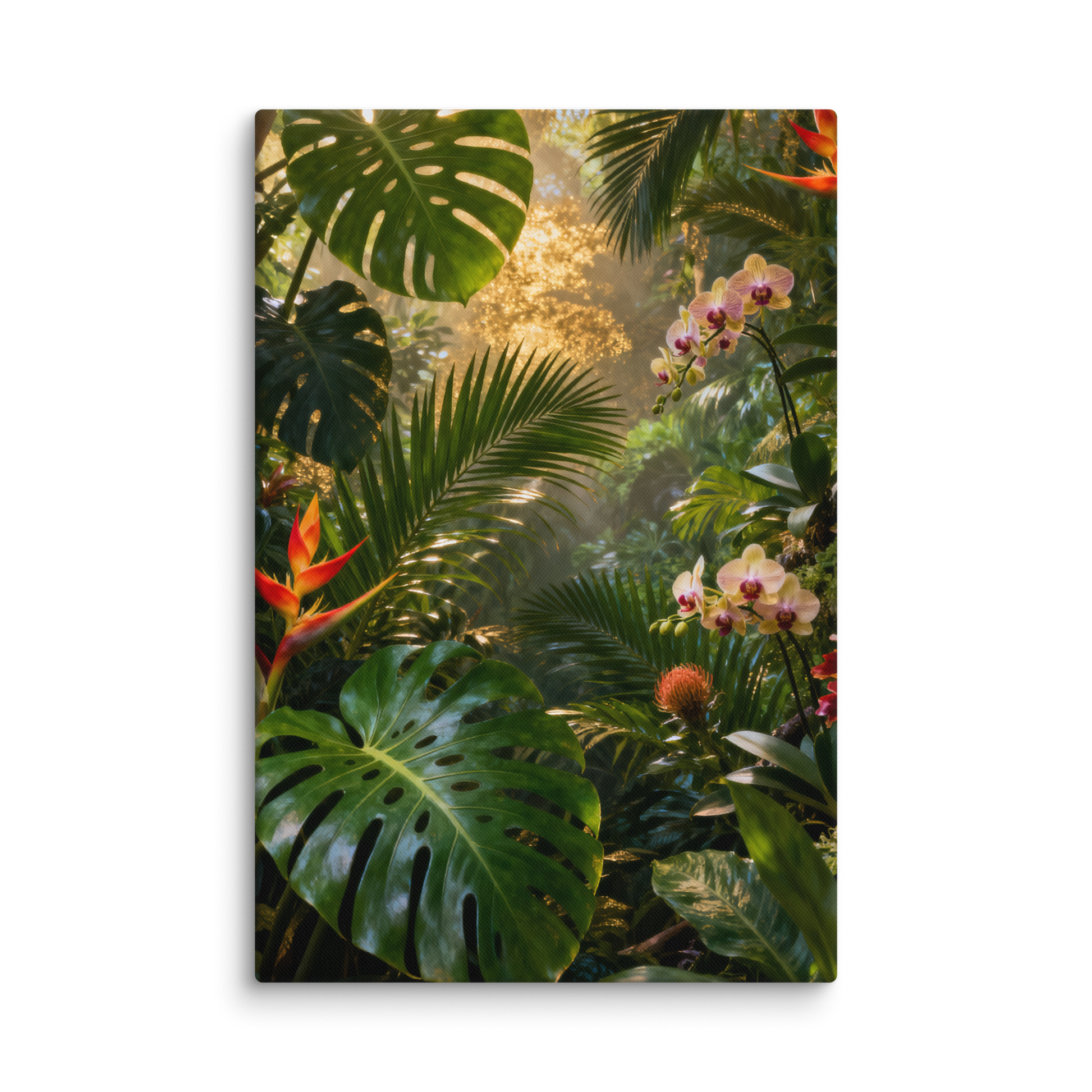 Leinwand mit tropischer Regenwaldlandschaft, exotischen Blüten, üppiger Vegetation und warmem Goldlicht in transparenter Produktansicht.