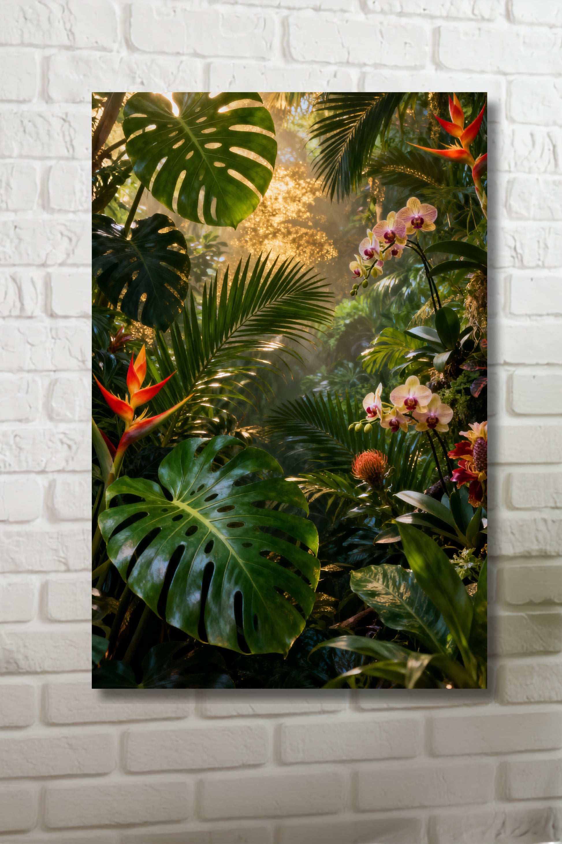 Leinwand mit tropischer Regenwaldszenerie, exotischen Blüten, Monstera-Blättern und warmem Goldlicht an einer weißen Ziegelwand.