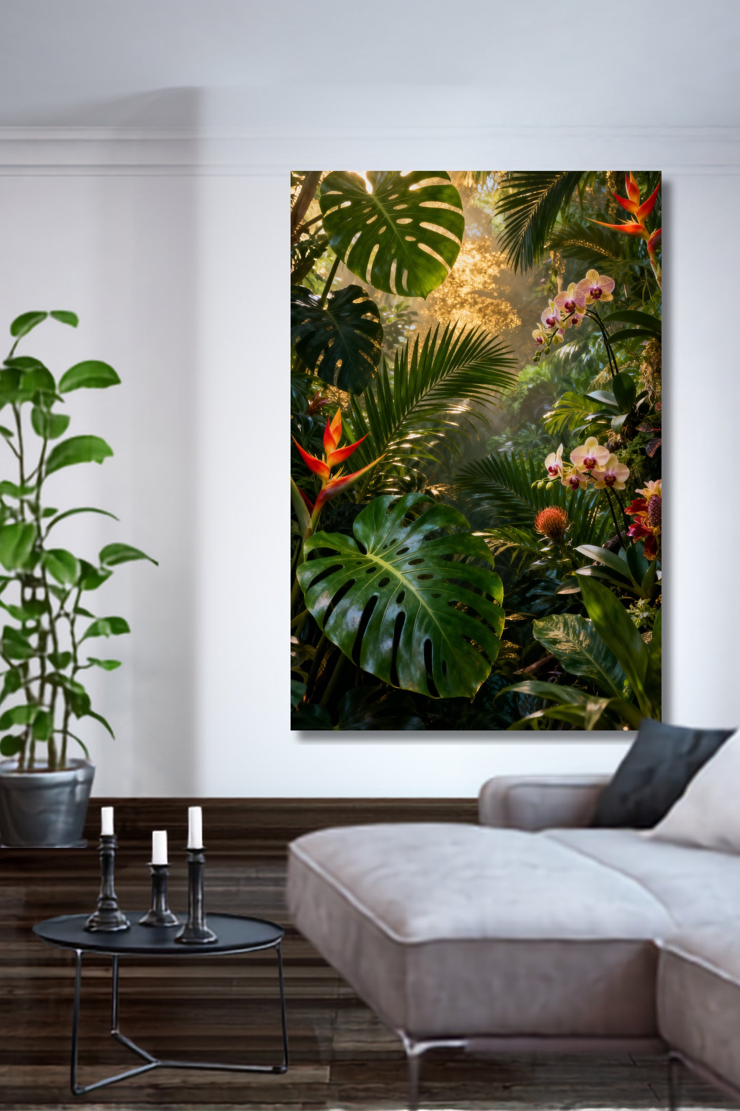 Leinwand mit tropischer Regenwaldszenerie, üppiger Vegetation, exotischen Blüten und warmem Goldlicht über einer modernen Wohnlandschaft.