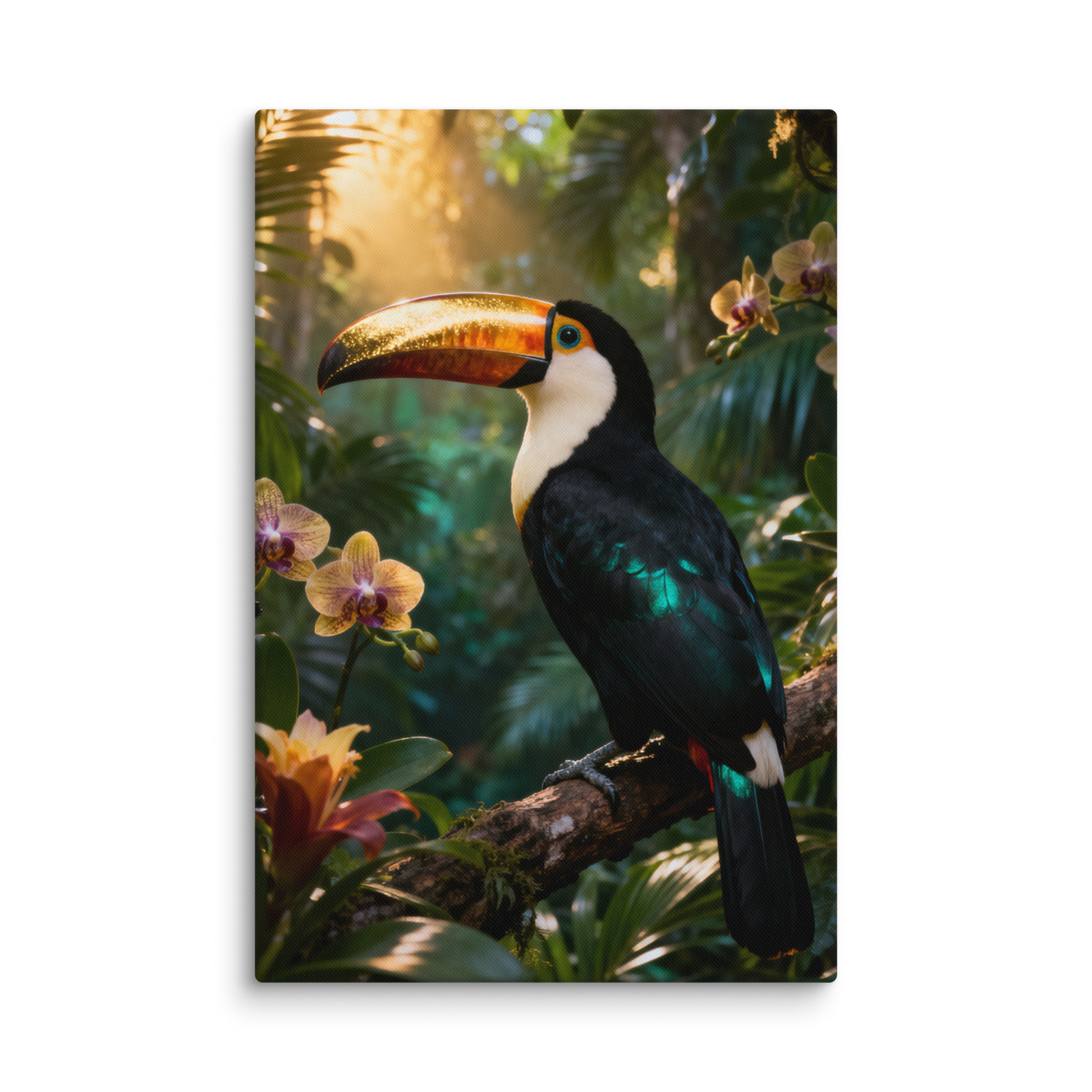 Leinwand mit exotischem Tukan im tropischen Regenwald mit goldschimmerndem Schnabel, tropischen Blüten, üppiger Vegetation und warmem Sonnenlicht als Freisteller im Format 32x48 Zoll.