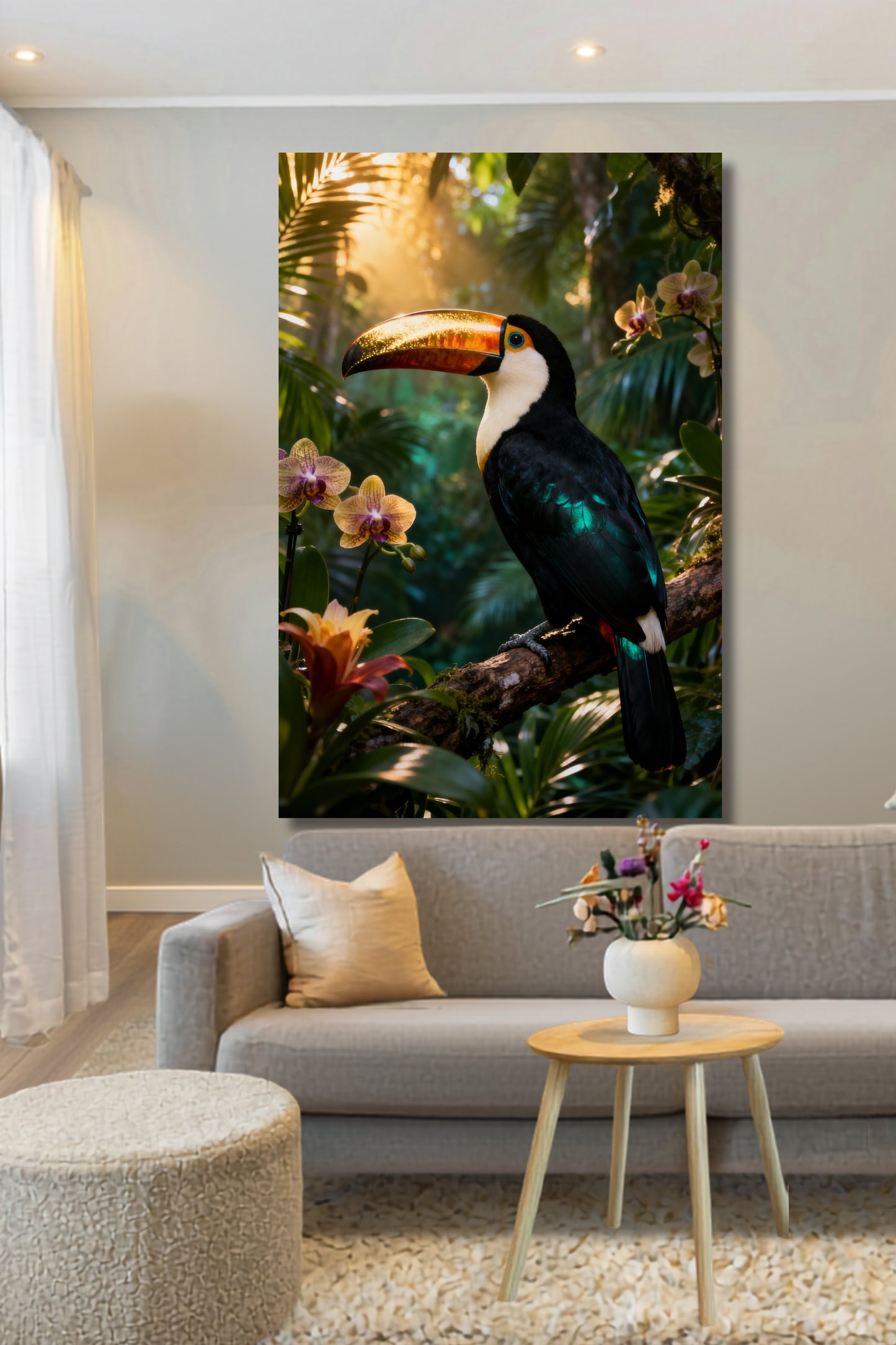 Leinwand mit exotischem Tukan im tropischen Regenwald mit goldschimmerndem Schnabel, üppiger Vegetation und warmem Sonnenlicht über einem Sofa in heller Wohnatmosphäre.