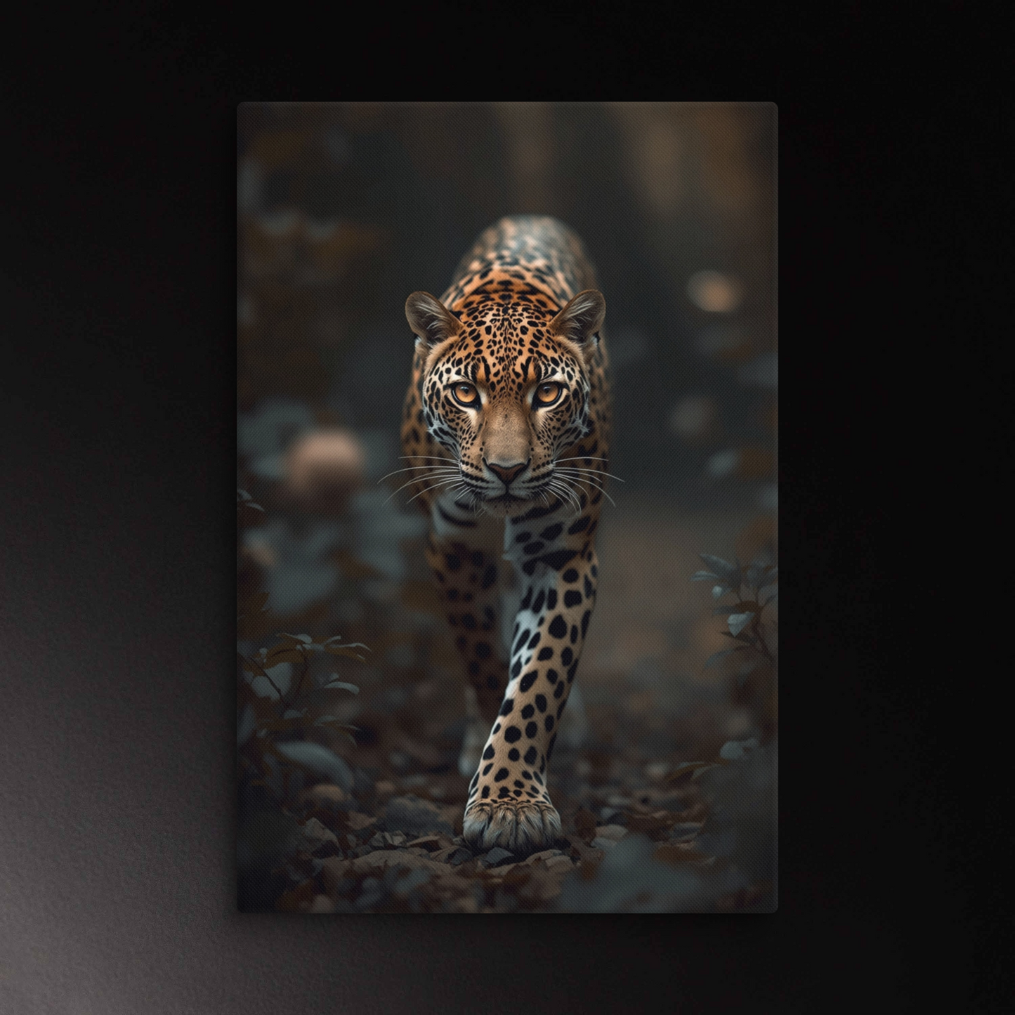 Majestätischer Leopard mit frontalem Blick auf hochwertiger Leinwand. Das Tier schreitet durch einen dunklen geheimnisvollen Wald, während warmes, cinematisches Licht Fellstruktur und Ausdruck eindrucksvoll hervorhebt.