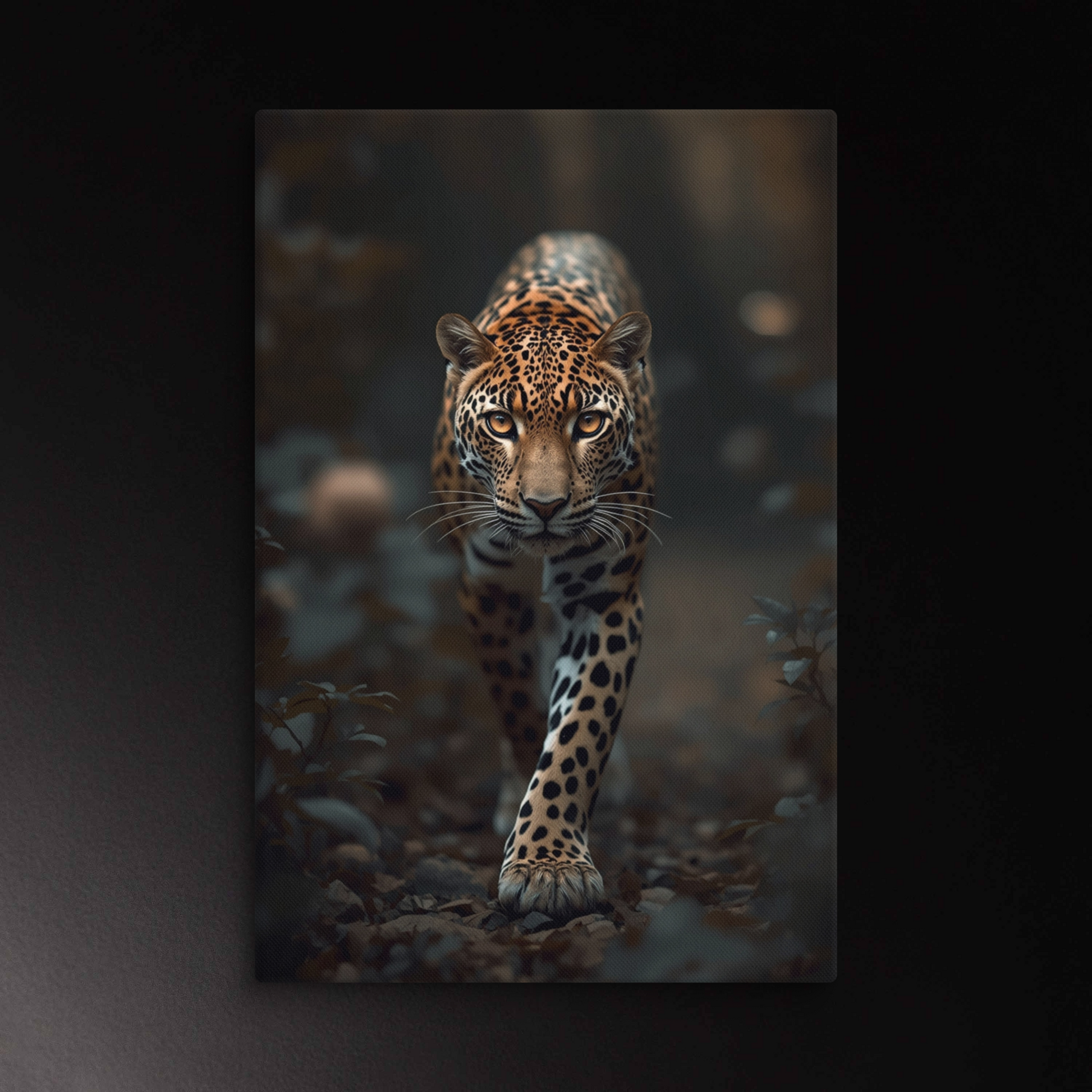 Majestätischer Leopard mit frontalem Blick auf hochwertiger Leinwand. Das Tier schreitet durch einen dunklen geheimnisvollen Wald, während warmes, cinematisches Licht Fellstruktur und Ausdruck eindrucksvoll hervorhebt.