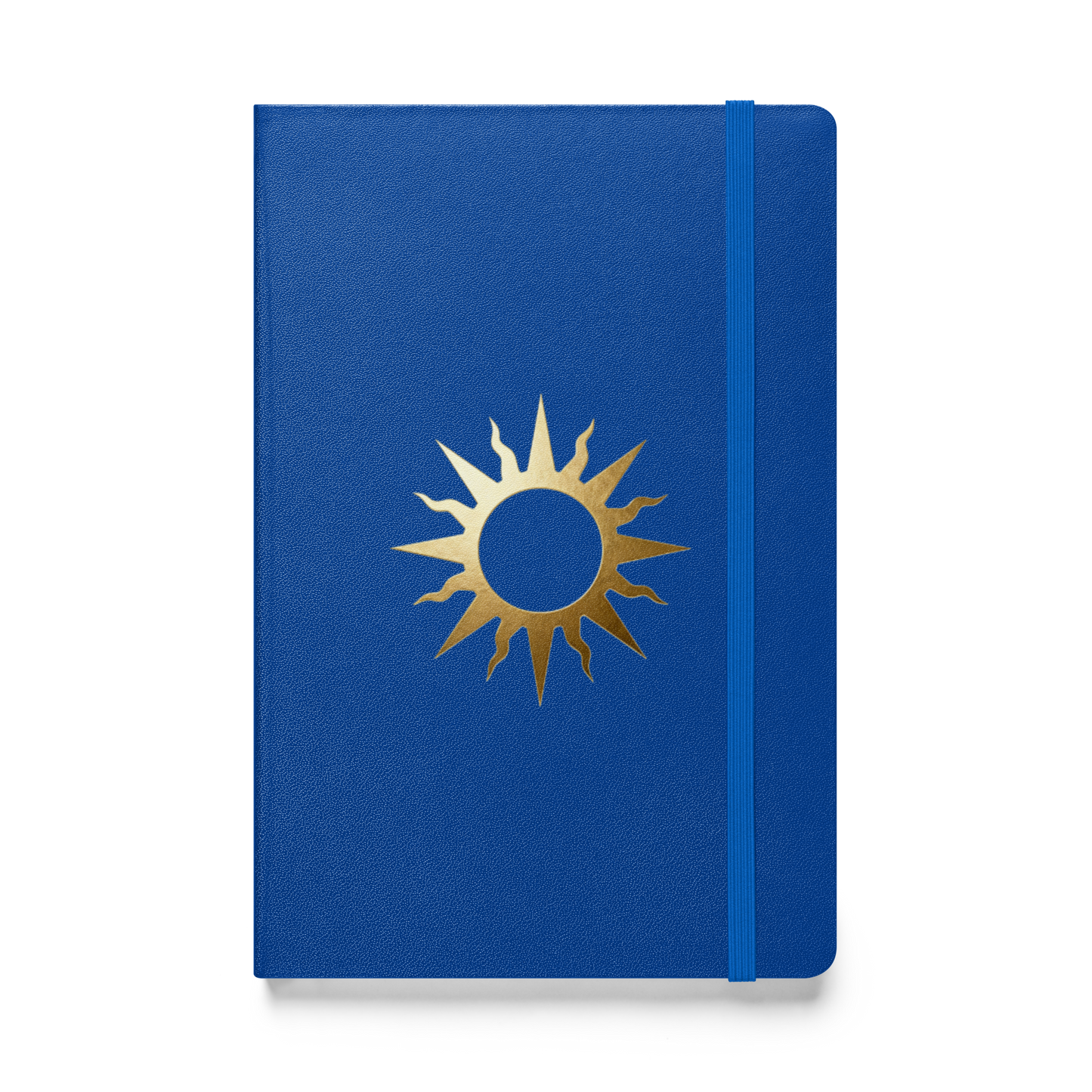 Spiralnotizbuch mit goldenem Sonnensymbol auf kobaltblauem Einband, Vorderseite als Produktmockup mit transparenter Darstellung.