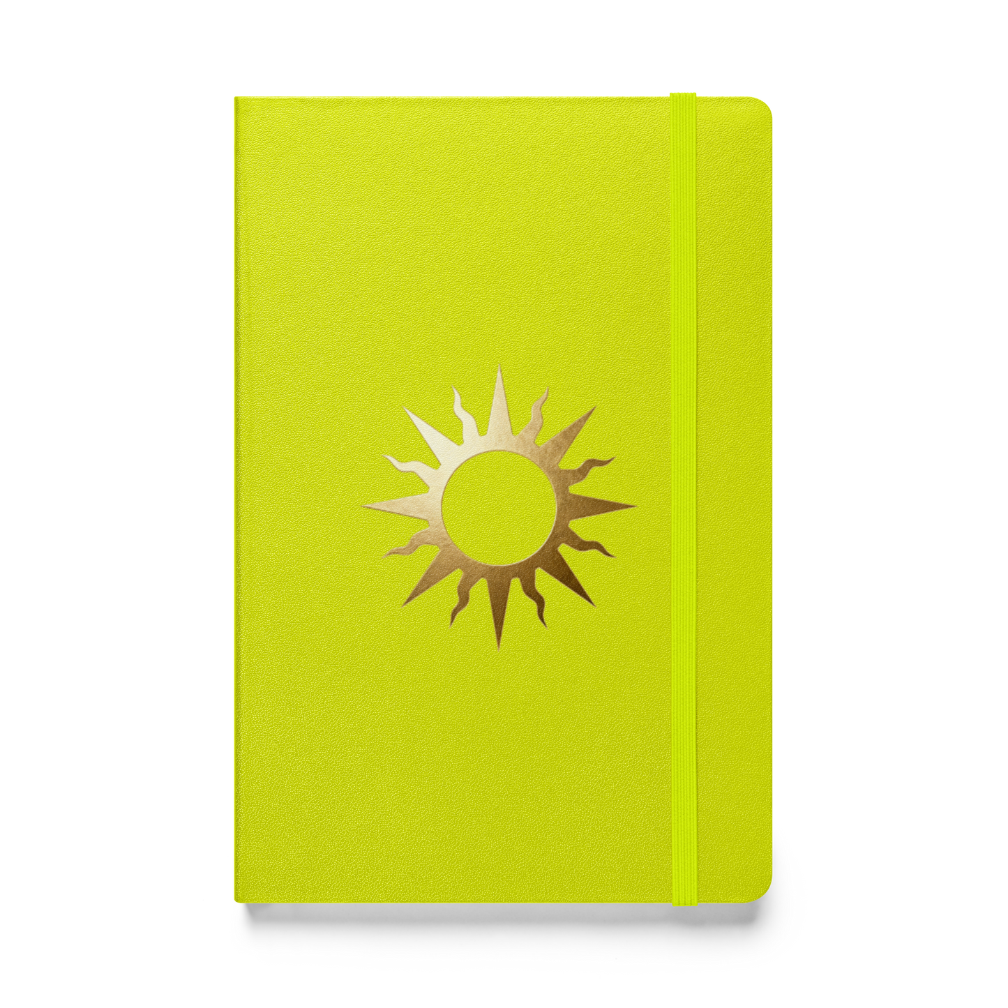 Spiralnotizbuch mit goldenem Sonnensymbol auf limettengrünem Einband, Vorderseite als Produktmockup mit transparenter Darstellung.