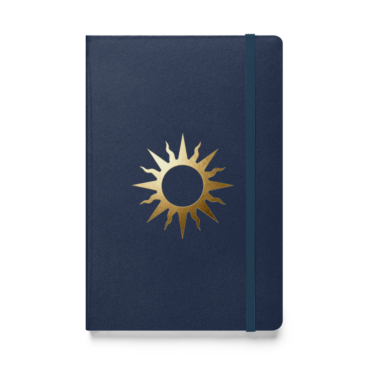 Spiralnotizbuch mit goldenem Sonnensymbol auf navyblauem Einband, Vorderseite als Produktmockup mit transparenter Darstellung