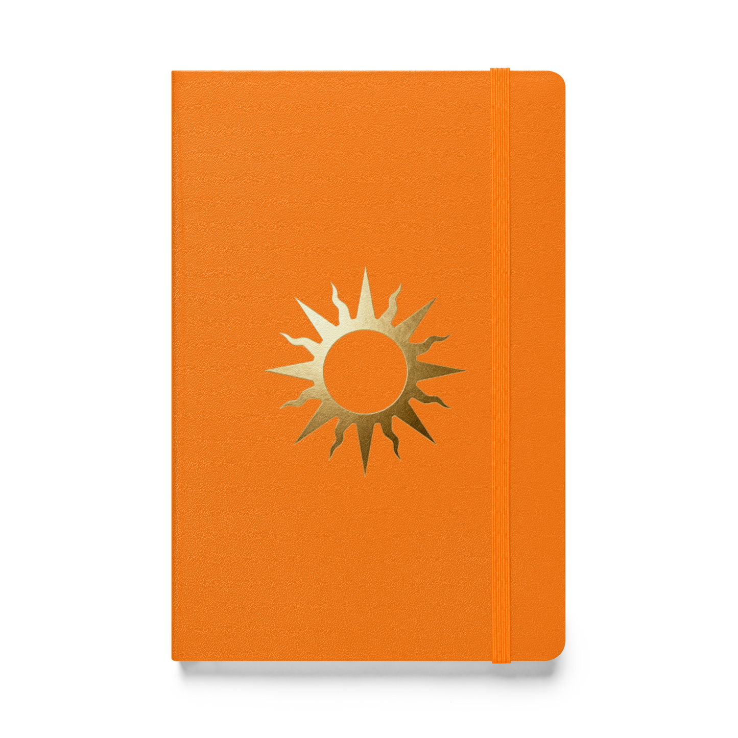 Spiralnotizbuch mit goldenem Sonnensymbol auf orangem Einband, Vorderseite als Produktmockup mit transparenter Darstellung.