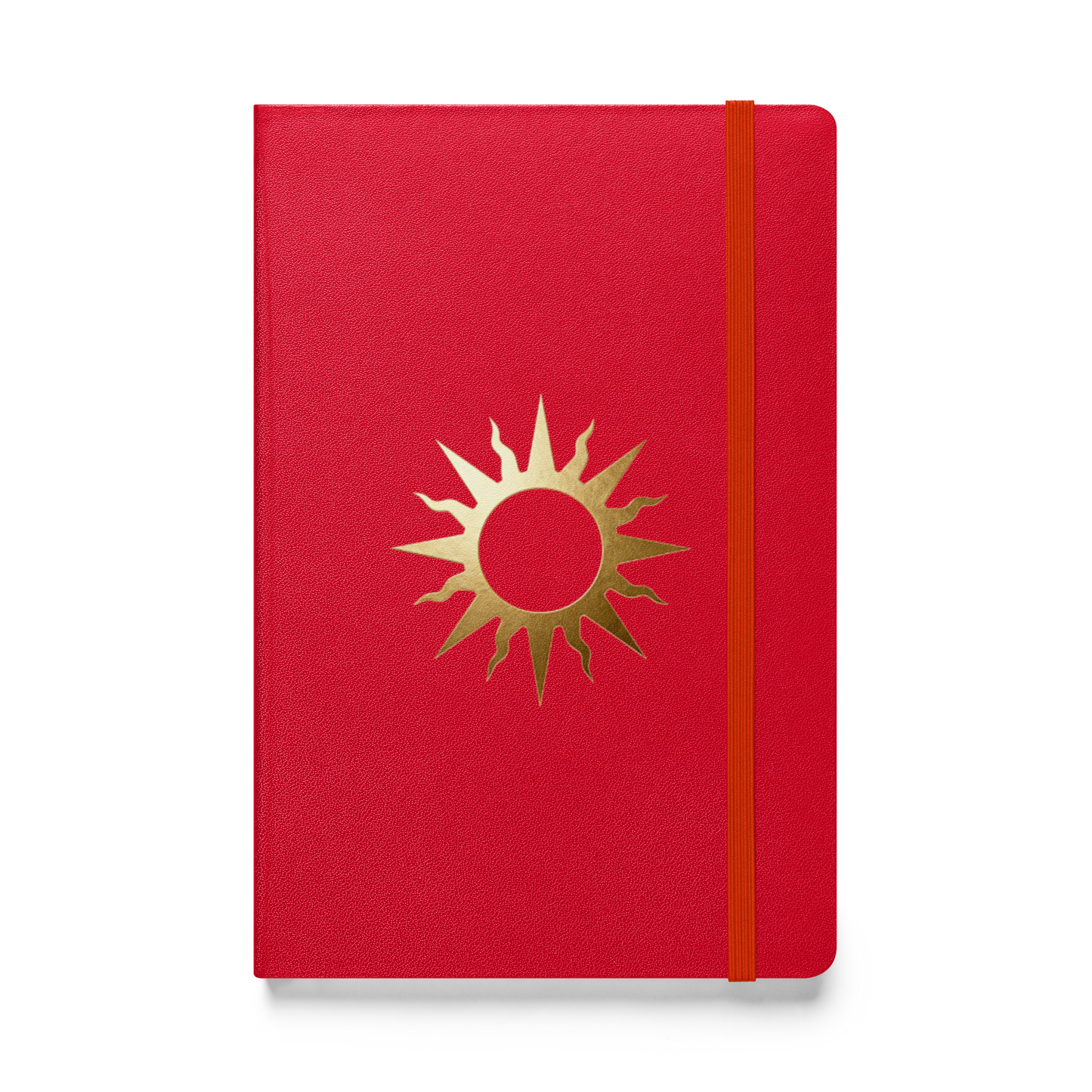 Spiralnotizbuch mit goldenem Sonnensymbol auf rotem Einband, Vorderseite als Produktmockup mit transparenter Darstellung.