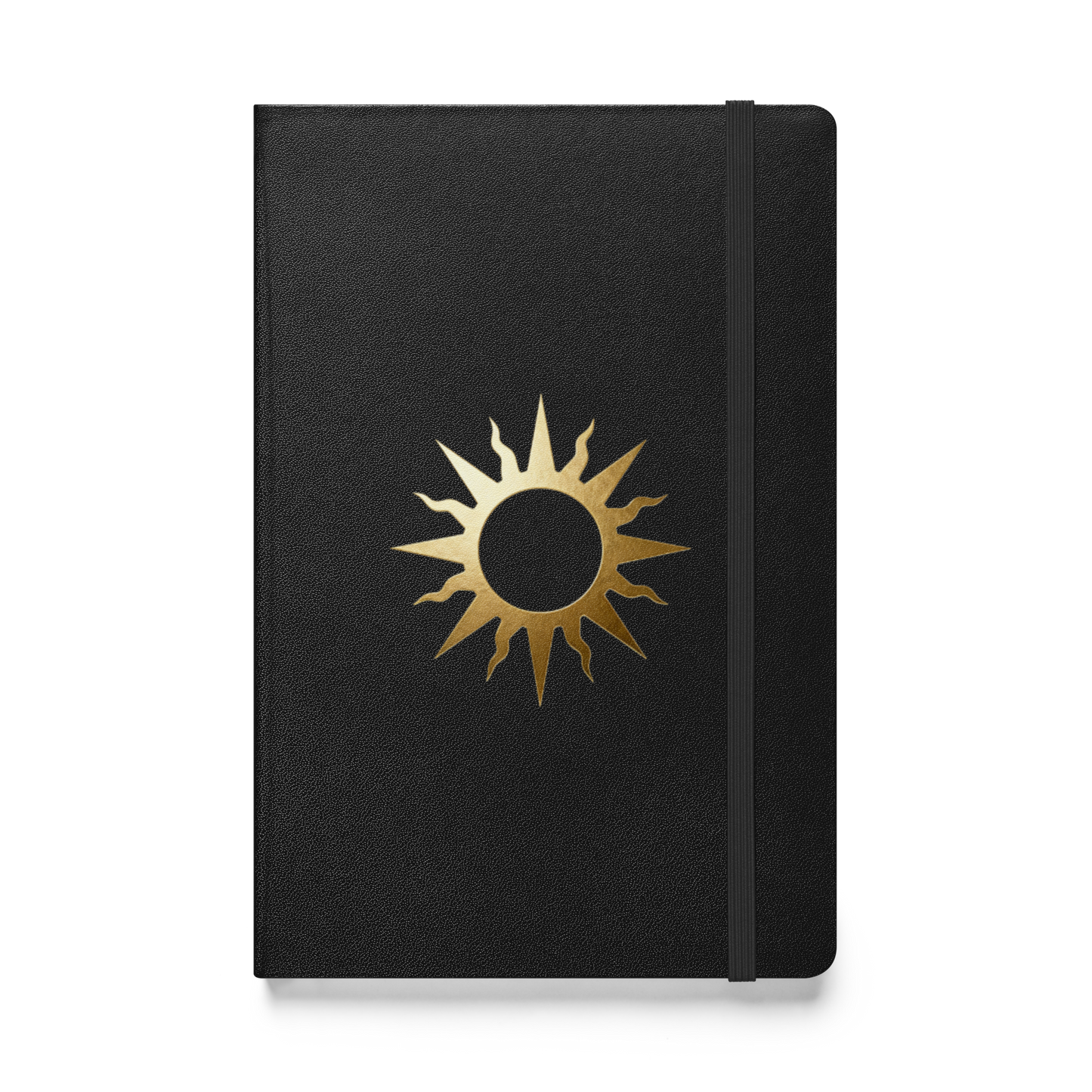 Spiralnotizbuch mit goldenem Sonnensymbol auf schwarzem Einband, Vorderseite als Produktmockup mit transparenter Darstellung.