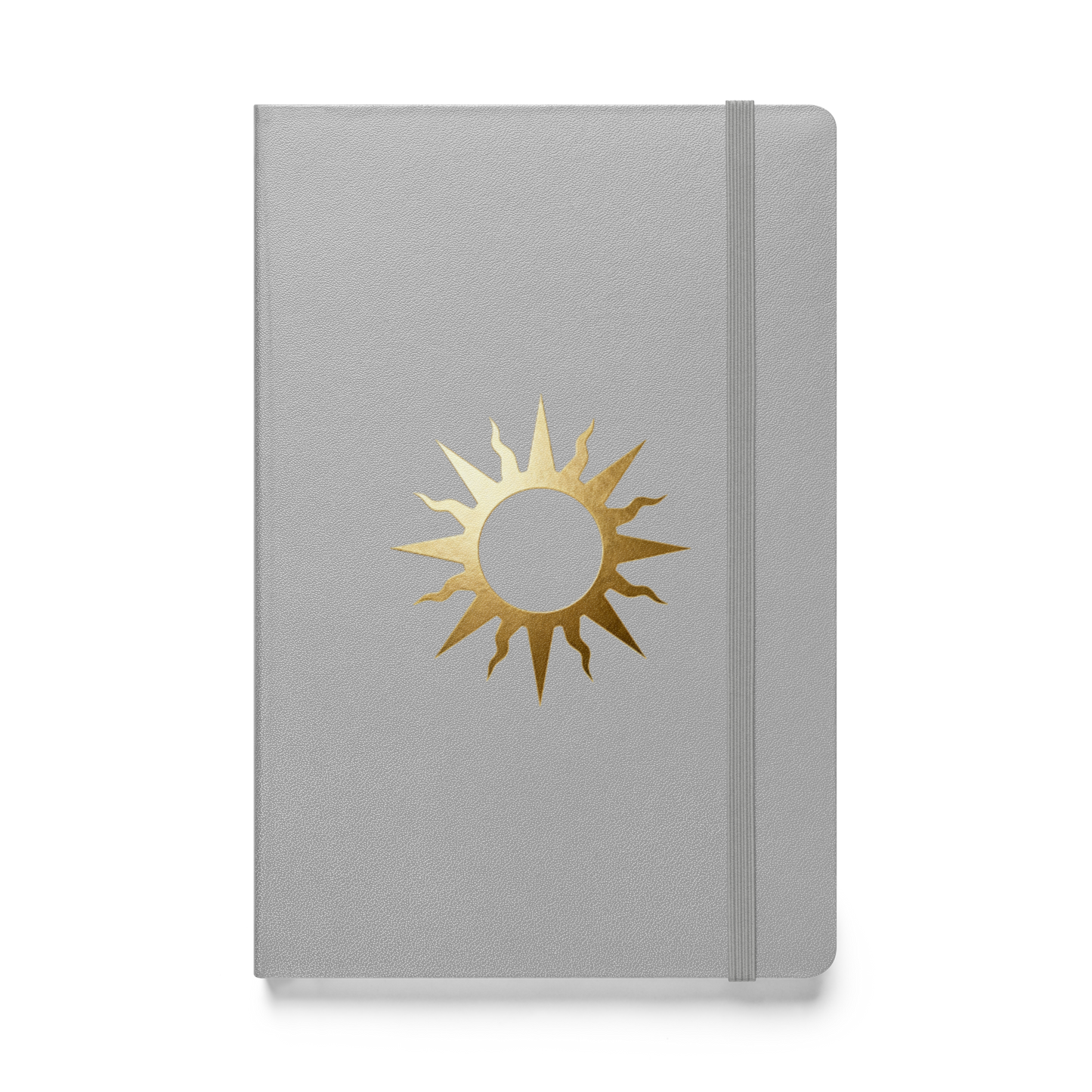 Spiralnotizbuch mit goldenem Sonnensymbol auf silberfarbenem Einband, Vorderseite als Produktmockup mit transparenter Darstellung.