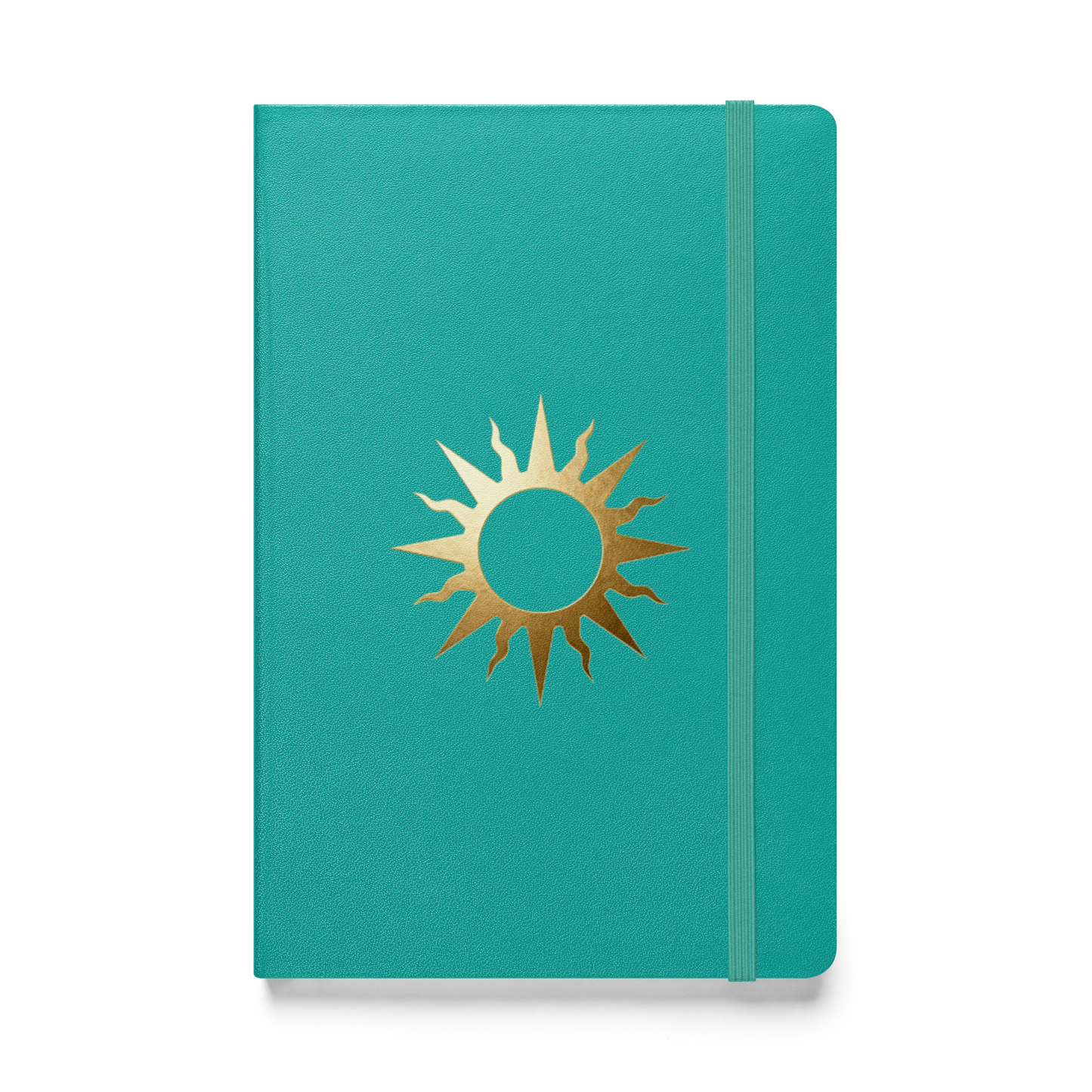 Spiralnotizbuch mit goldenem Sonnensymbol auf türkisfarbenem Einband, Vorderseite als Produktmockup mit transparenter Darstellung.