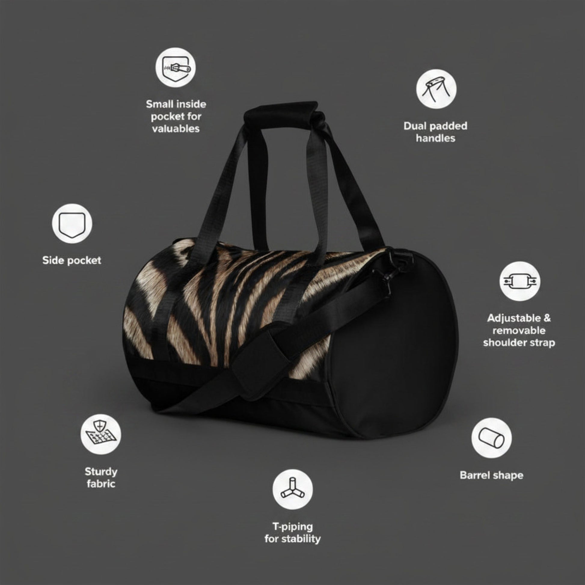 Produktdetails der Zebrafell Sporttasche mit schwarzem Tragesystem, verstellbarem Schultergurt, realistischer Fellstruktur und Aussenfach mit Zebra Print