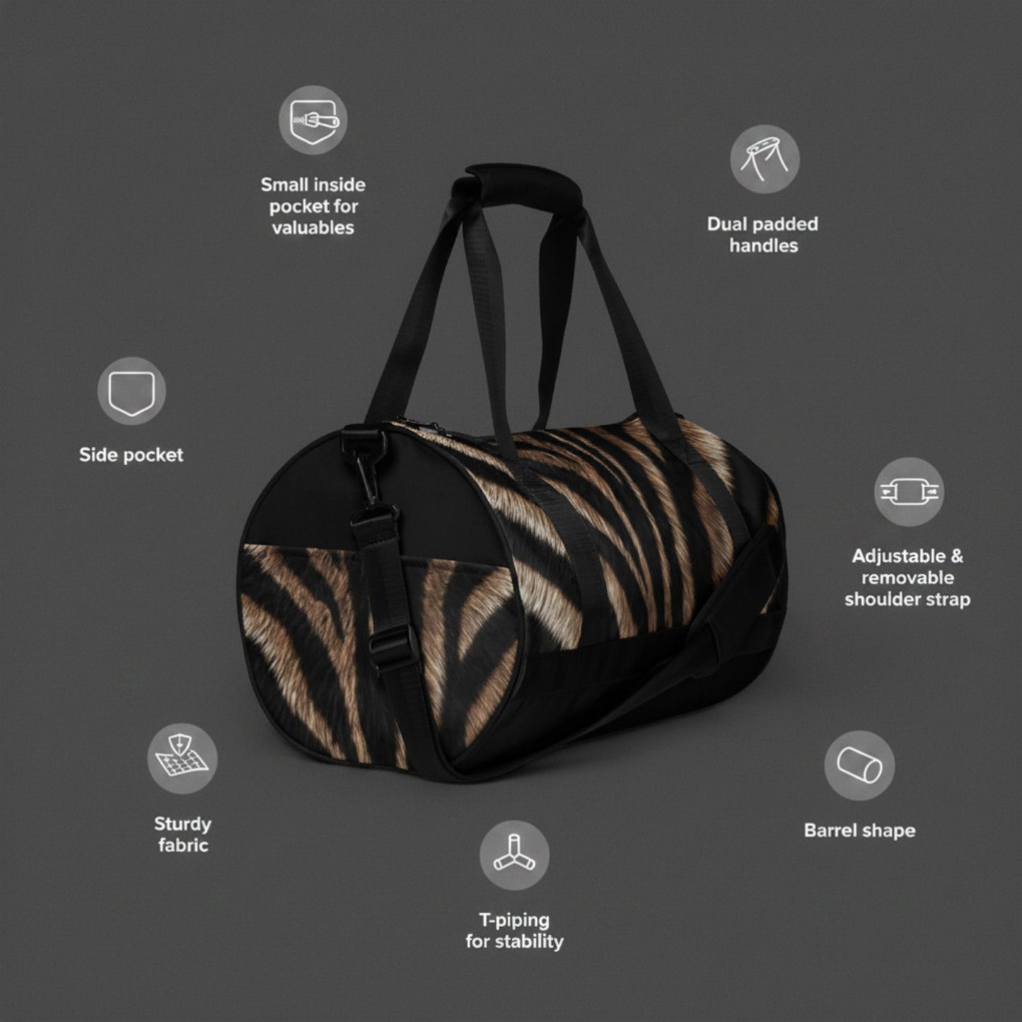 Produktdetails der Zebrafell Sporttasche mit schwarzem Tragesystem, verstellbarem Schultergurt, realistischer Fellstruktur und Aussenfach mit Zebra Print
