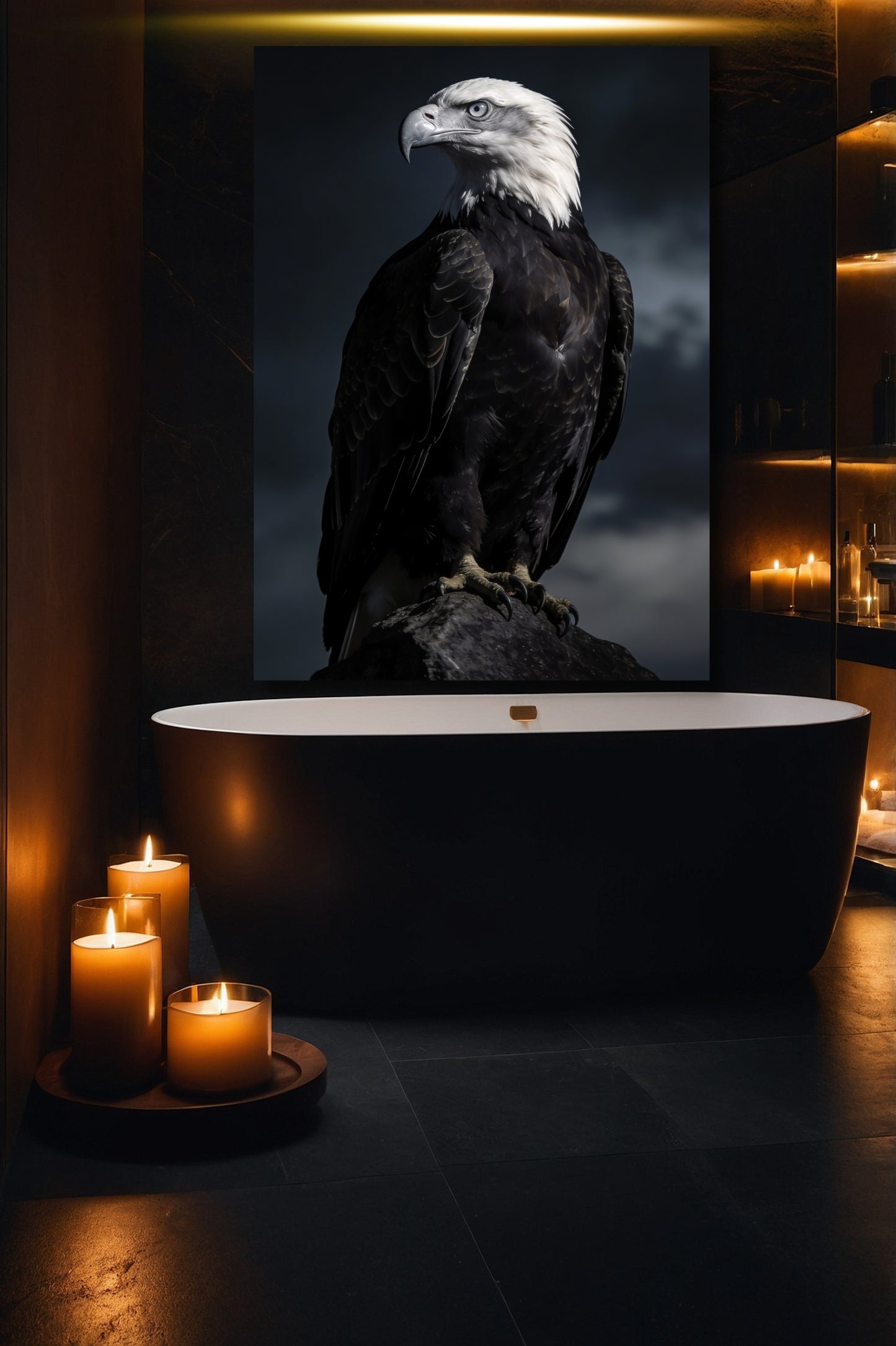 Adler Wandkunst Leinwand 40x60 Zoll in luxuriösem Badezimmer mit Kerzenlicht und dunkler, ruhiger Atmosphäre