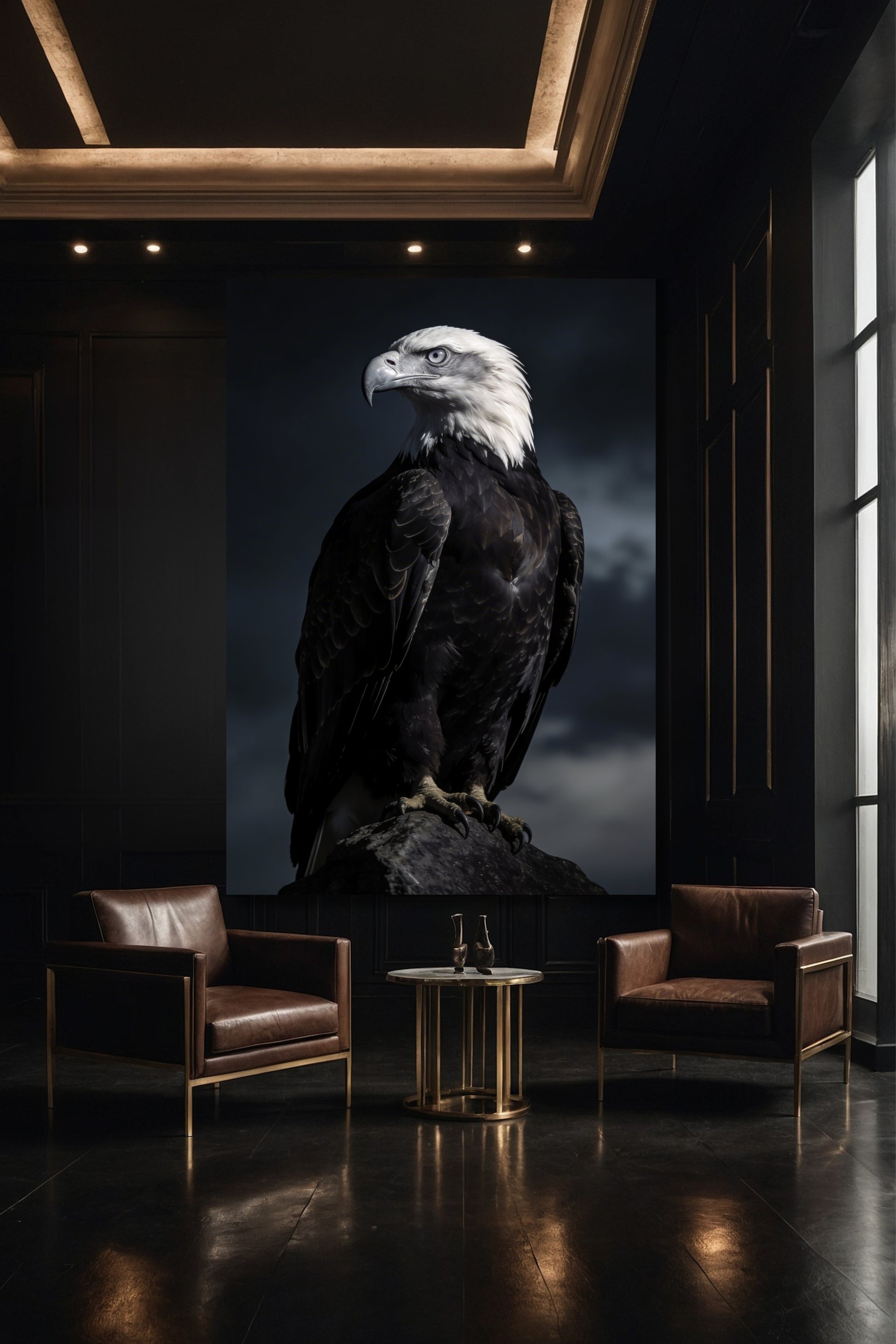 Adler Leinwandbild 40x60 Zoll in stilvoller Galerie mit dunklem Interieur und klarer, moderner Präsentation